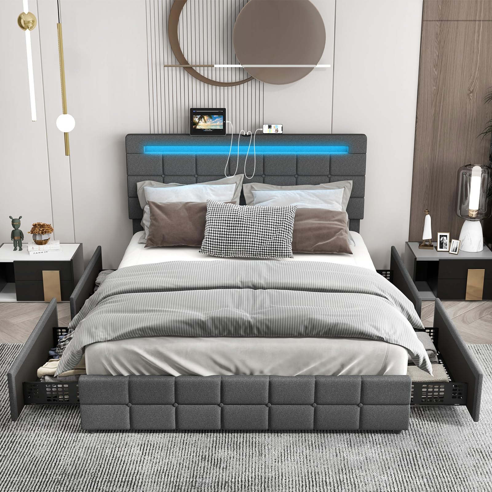 KOMFOTT Upholstered Bed Frame with LED Lights and 4 Drawers, Height Adjustable Headboard with USB Ports
