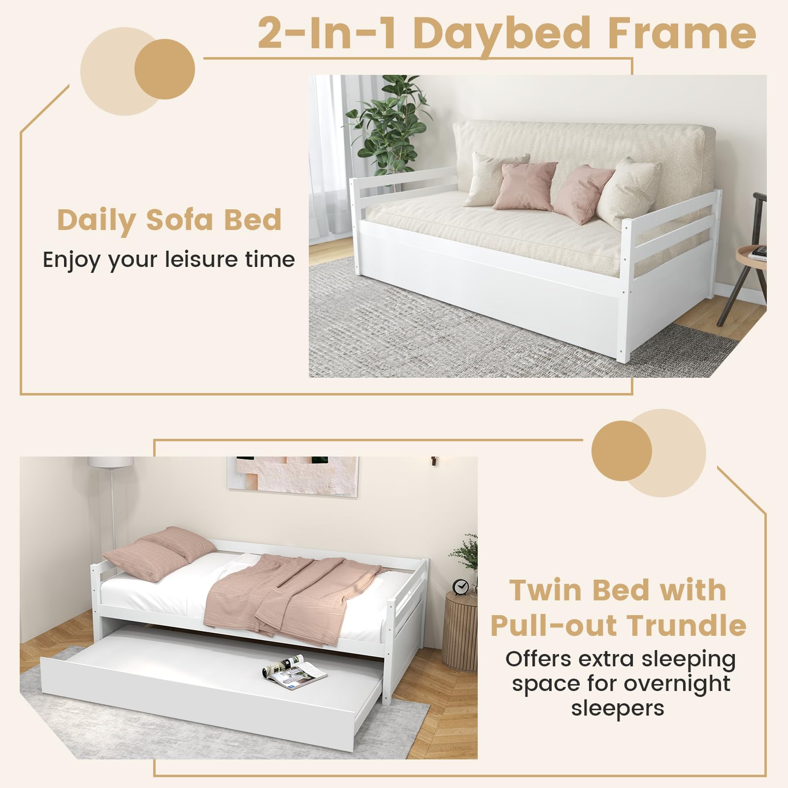 KOMFOTT Twin Daybed with Trundle, Wood Trundle Bed with Wood Slat Support