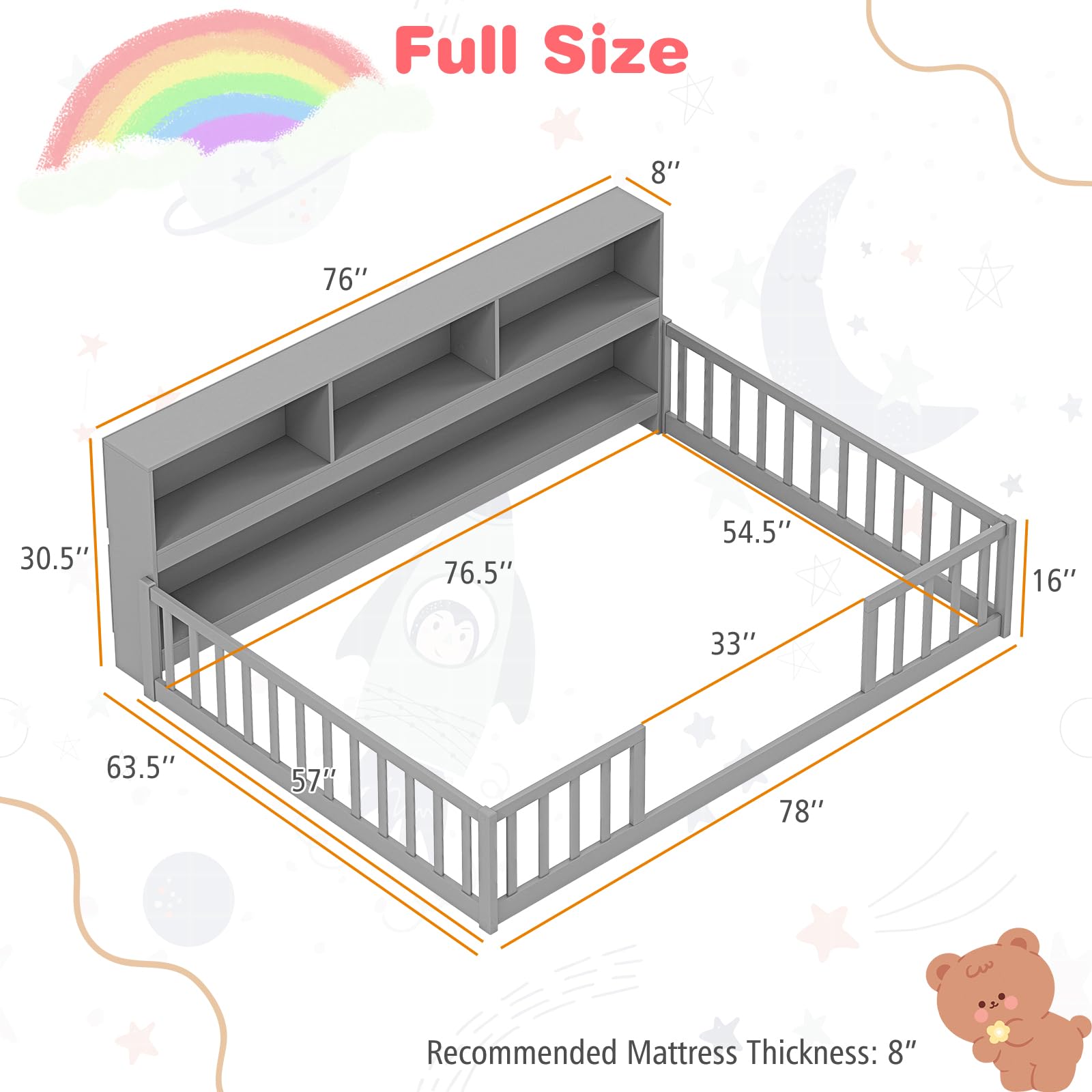 KOMFOTT Twin/Full Size Floor Bed with Bookcase & Shelves & Safety Guardrails