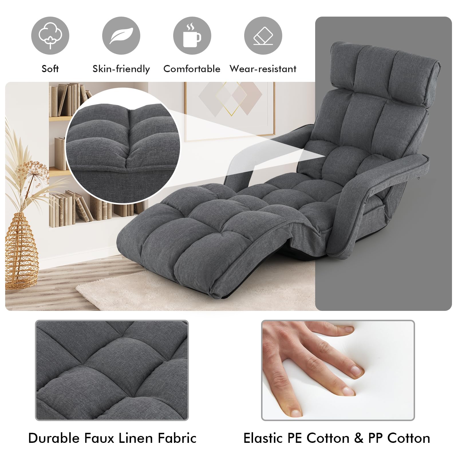 KOMFOTT Foldable Lazy Sofa Bed, 6-Position Adjustable Floor Chair Chaise Lounge with Armrest and Footrest