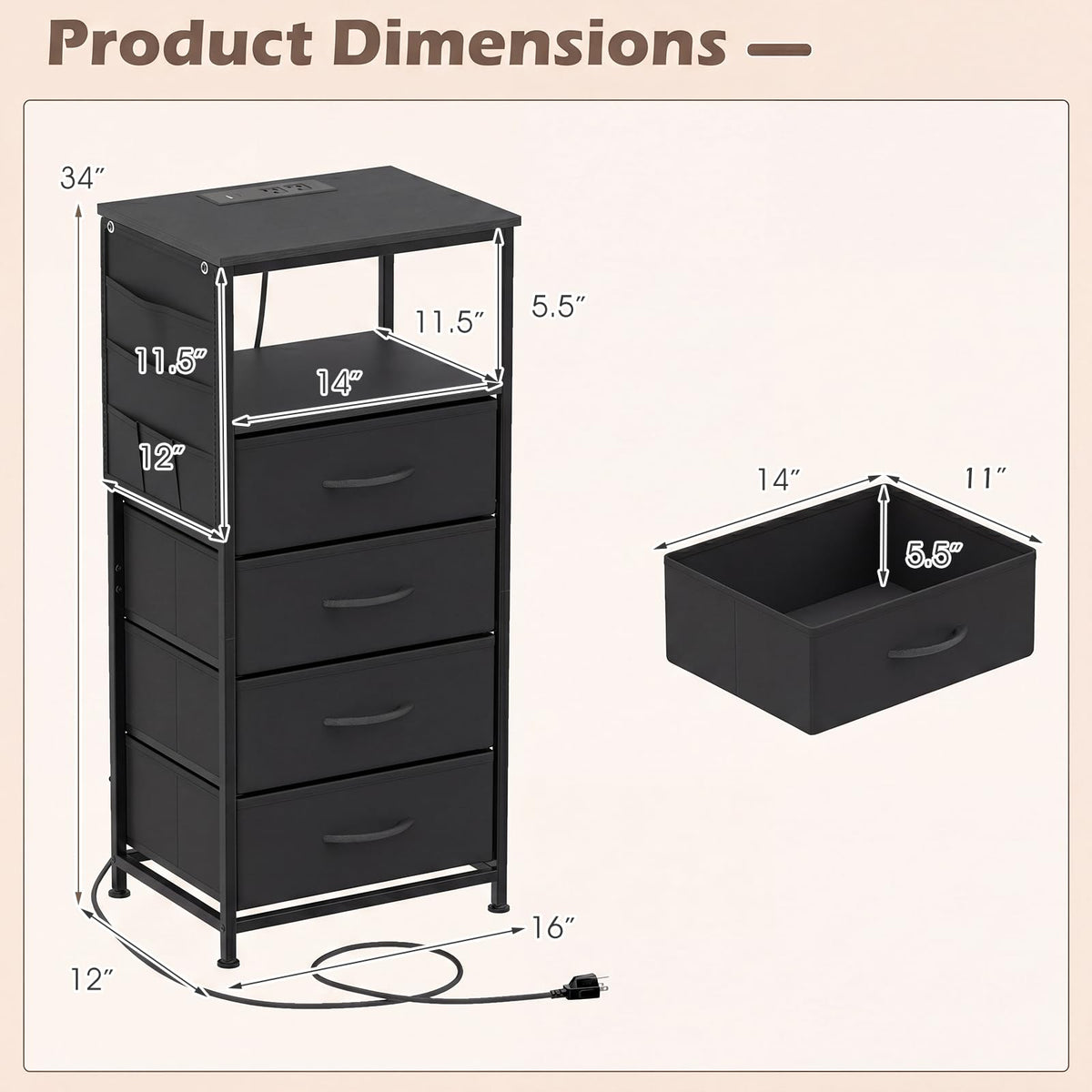 KOMFOTT 1/2 Nightstand with Integrated Charging Station 34" Tall Modern End Table(4 Drawers)