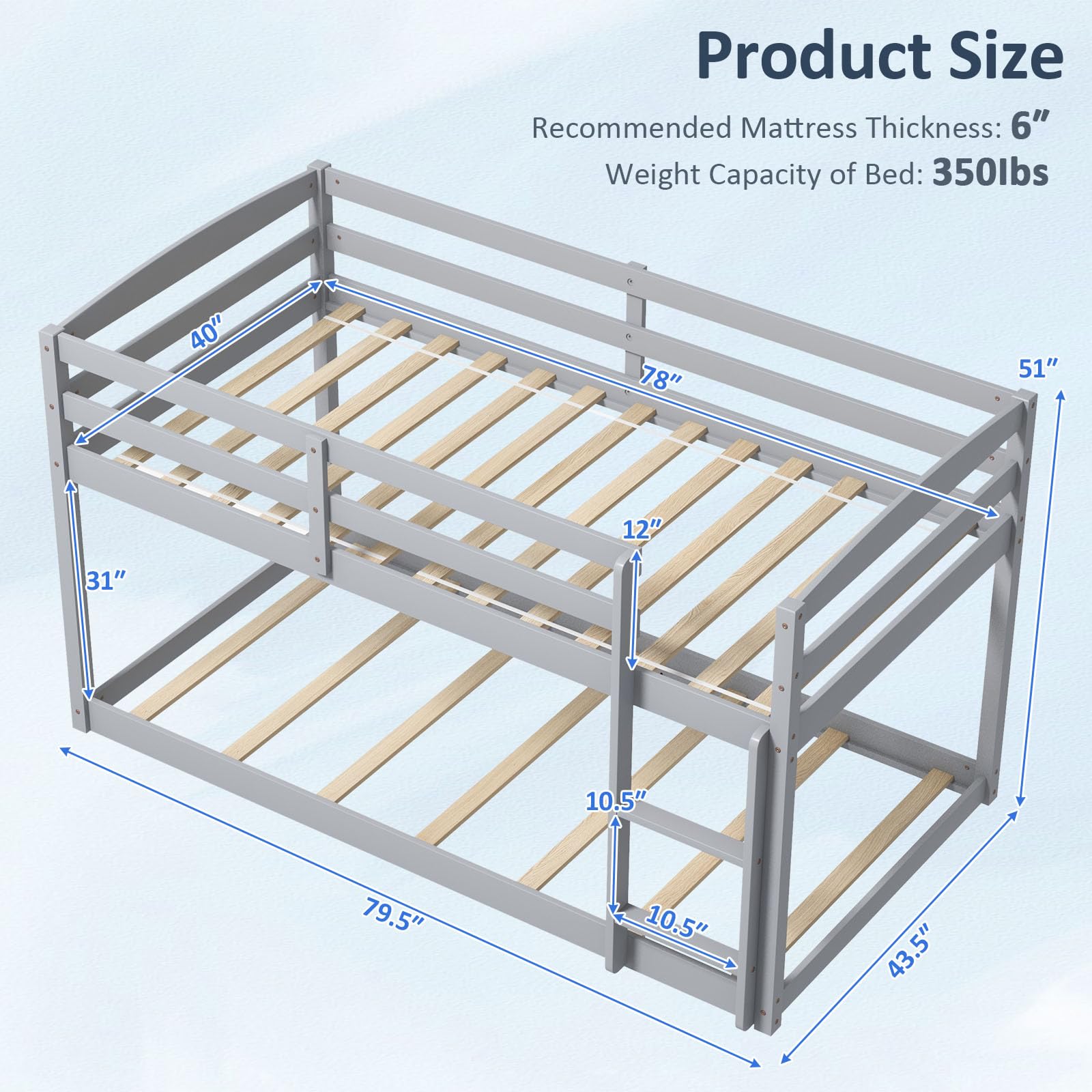KOMFOTT Twin Over Twin Solid Wood Low Bunk Bed with Full Guardrails & Integrated Ladder