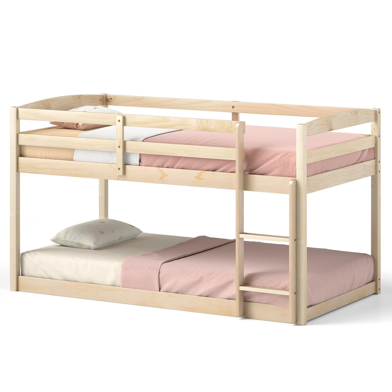 KOMFOTT Twin Over Twin Solid Wood  Low Bunk Bed with Built-in Ladder & Safety Guardrails