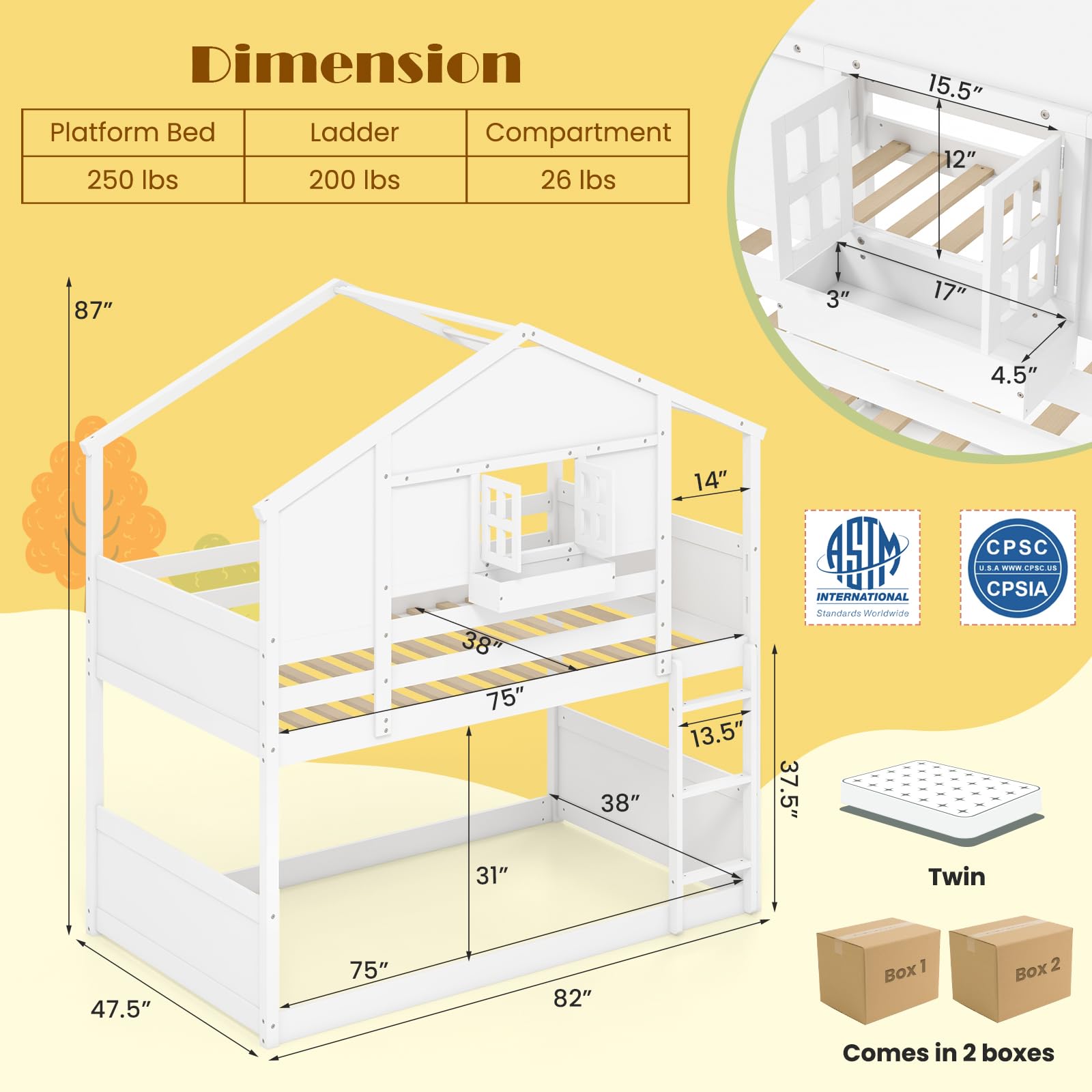 KOMFOTT Twin Over Twin Wood House Bunk Bed for Kids with Roof, Window Door, Storage Box, Safety Guardrails, Wood Slats & Ladder