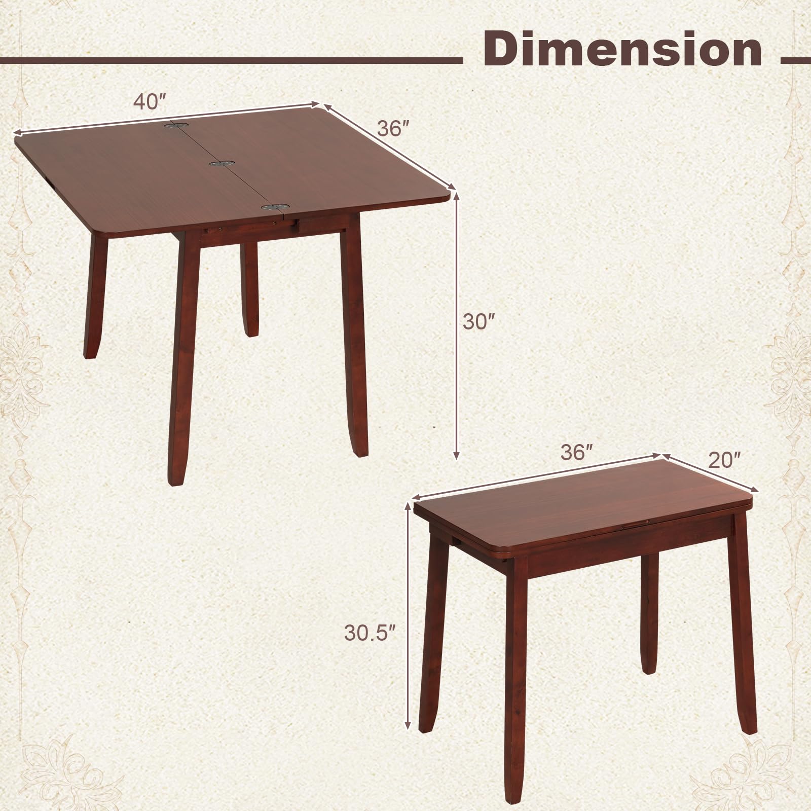 KOMFOTT Folding Dining Table for 4, Extendable Kitchen Table w/Hidden Storage & Rubber Wood Frame