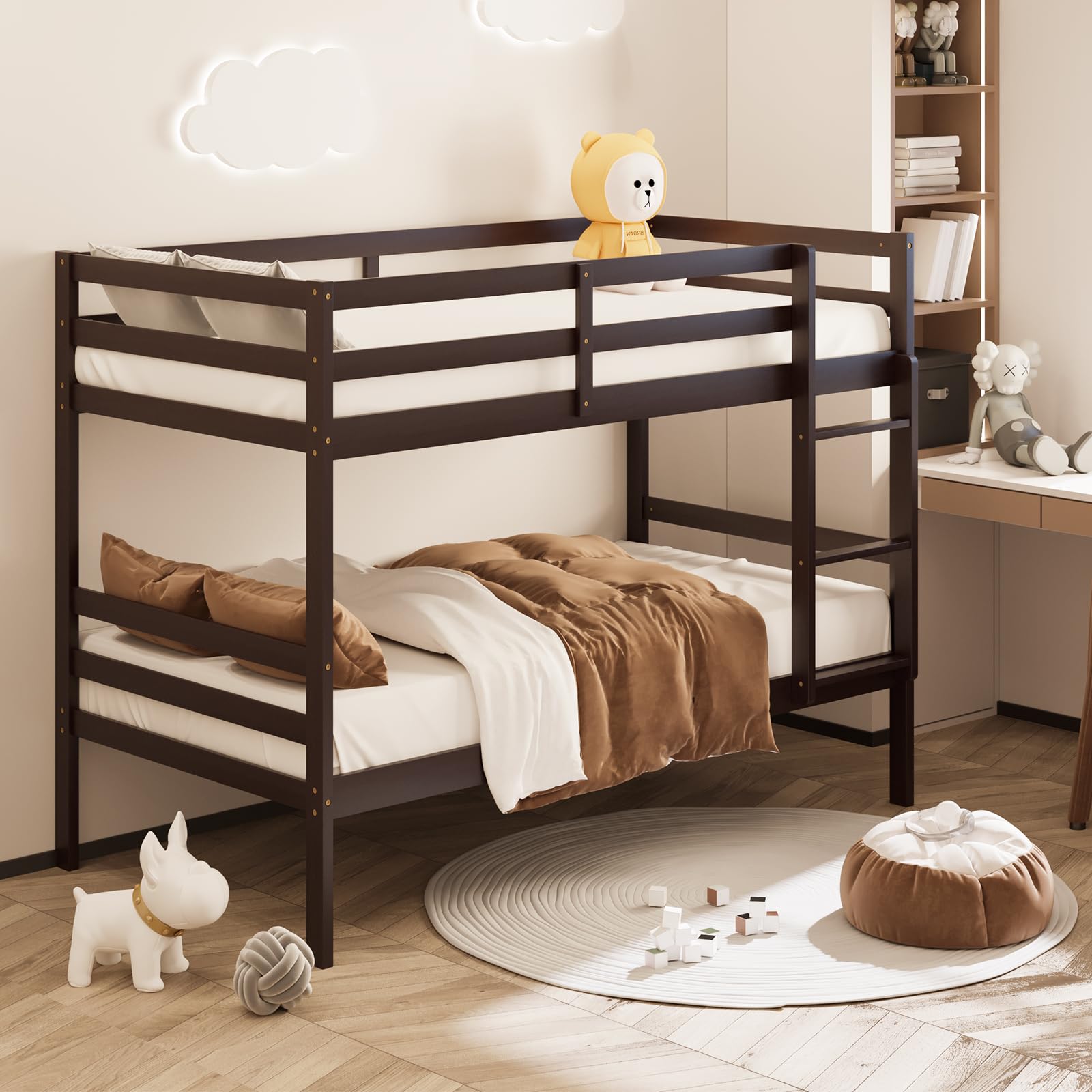 KOMFOTT Twin Over Twin Wood Bunk Bed with Ladder & Safety Guardrail