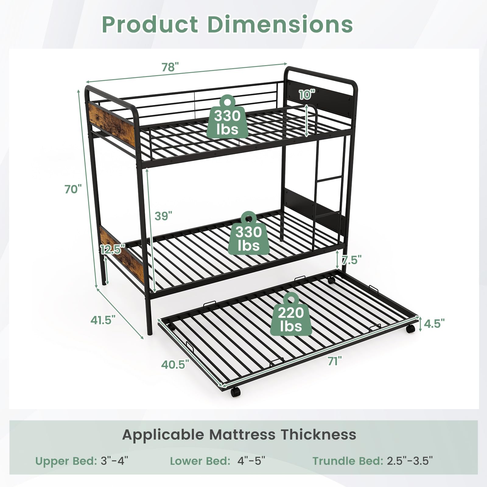 KOMFOTT Metal Twin Over Twin Bunk Bed with Trundle