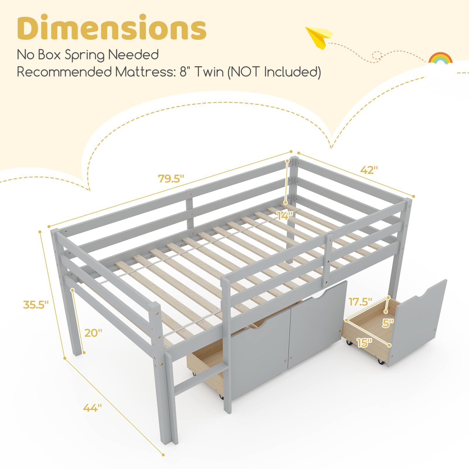 KOMFOTT Twin Low Loft Bed with 3 Storage Drawers