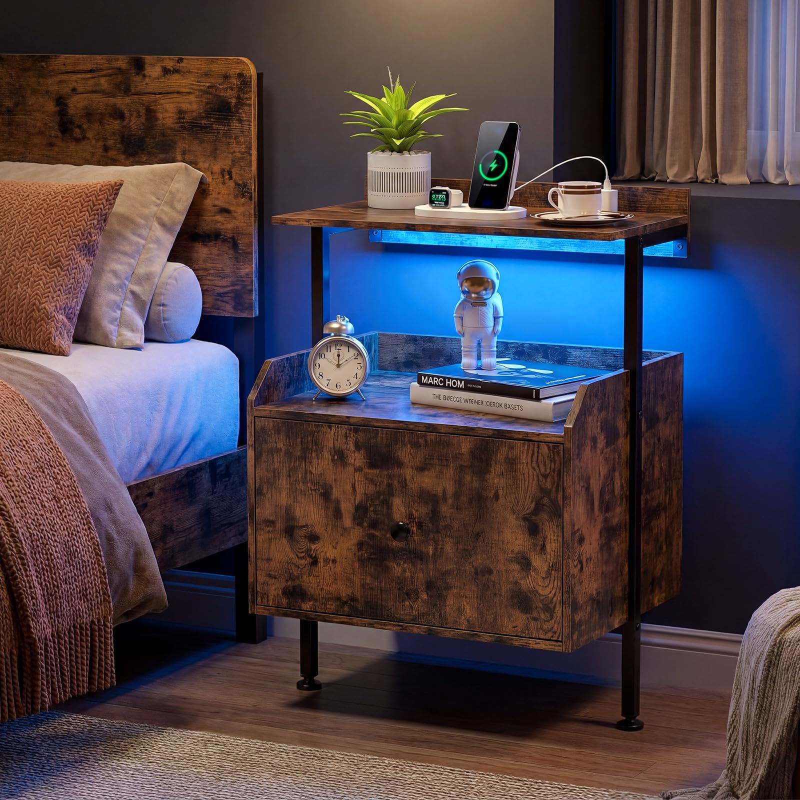 KOMFOTT Nightstand with LED Lights & Charging Station (21" x 16" x 29.5")