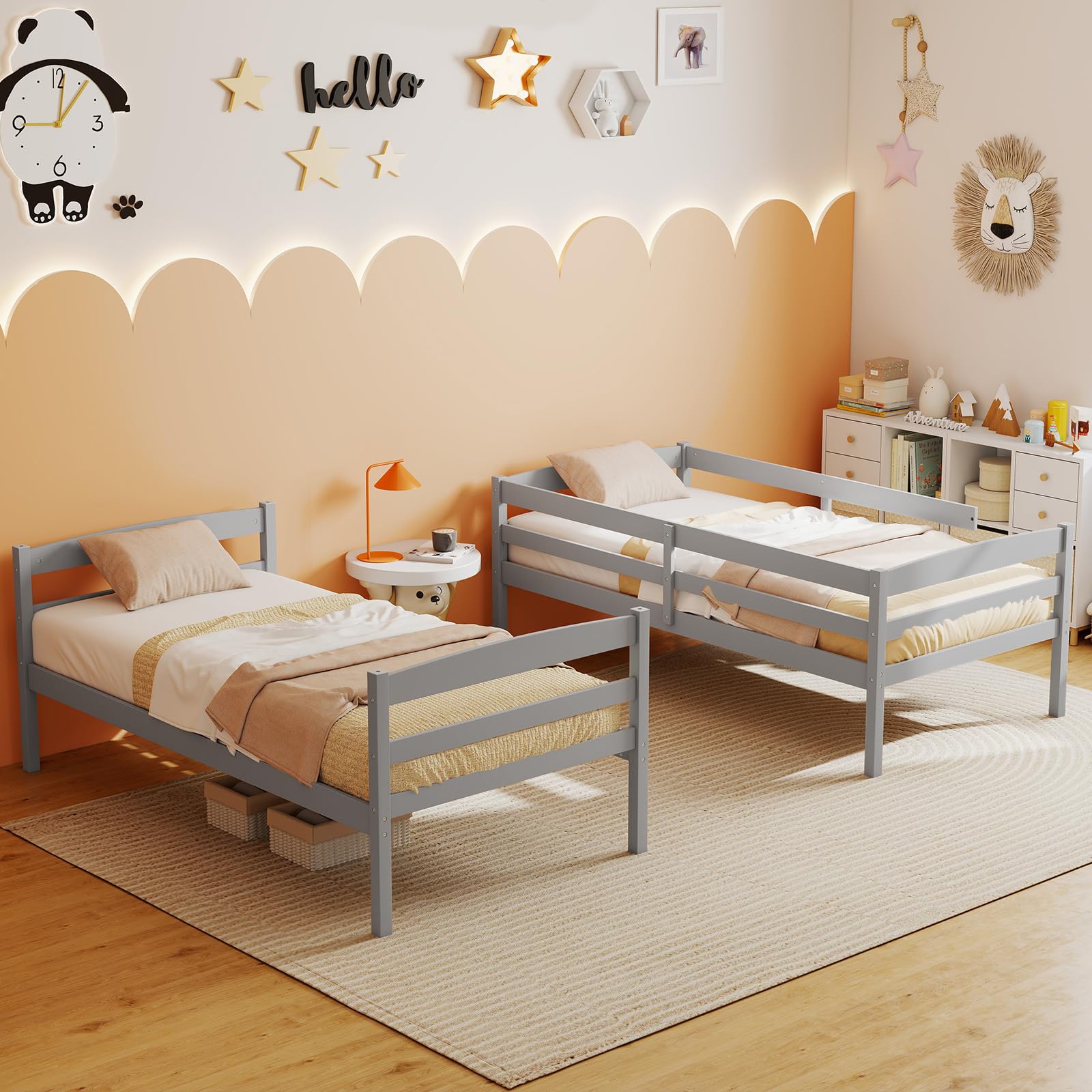 KOMFOTT Twin Over Twin Wood Bunk Bed, Converts to 2 Individual Beds