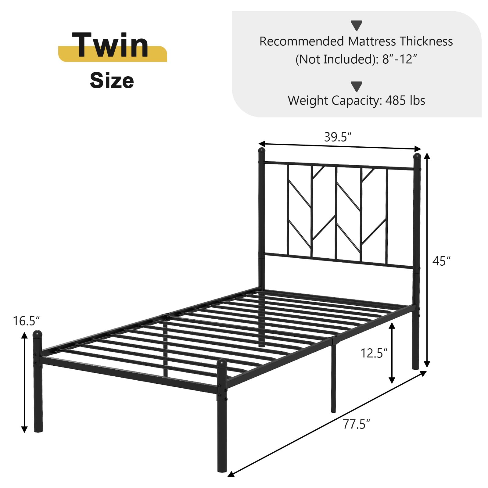 KOMFOTT Metal Bed Frame with Victorian Style Headboard, 14 Metal Slats Support