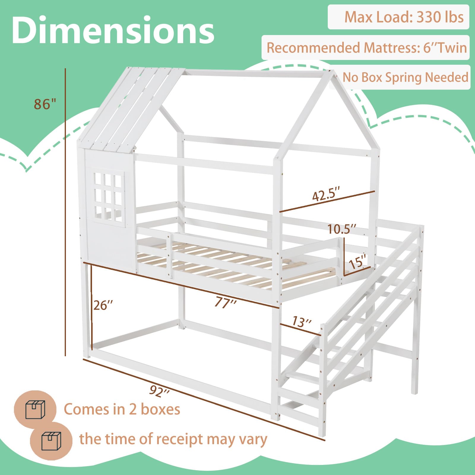 KOMFOTT Wood Twin Over Twin House Bunk Bed with Stairs