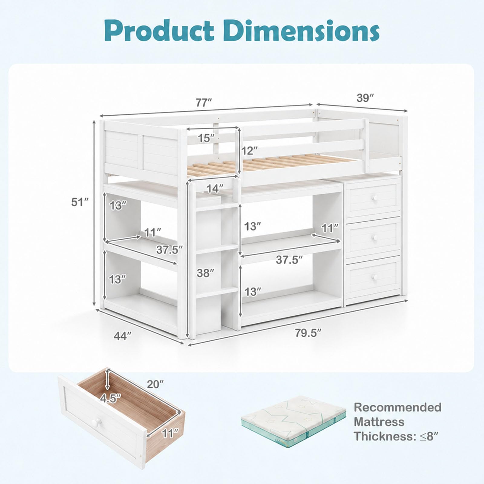 KOMFOTT Twin Low Loft Bed with LED Lights Modern Loft Bed