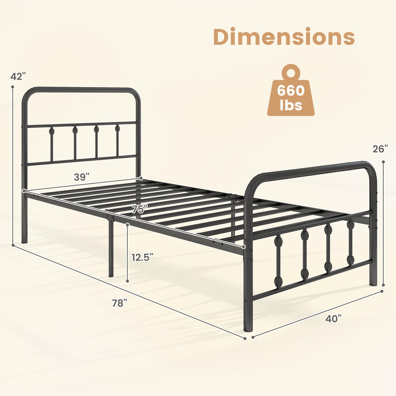 KOMFOTT Metal Bed Frame with Headboard & Footboard