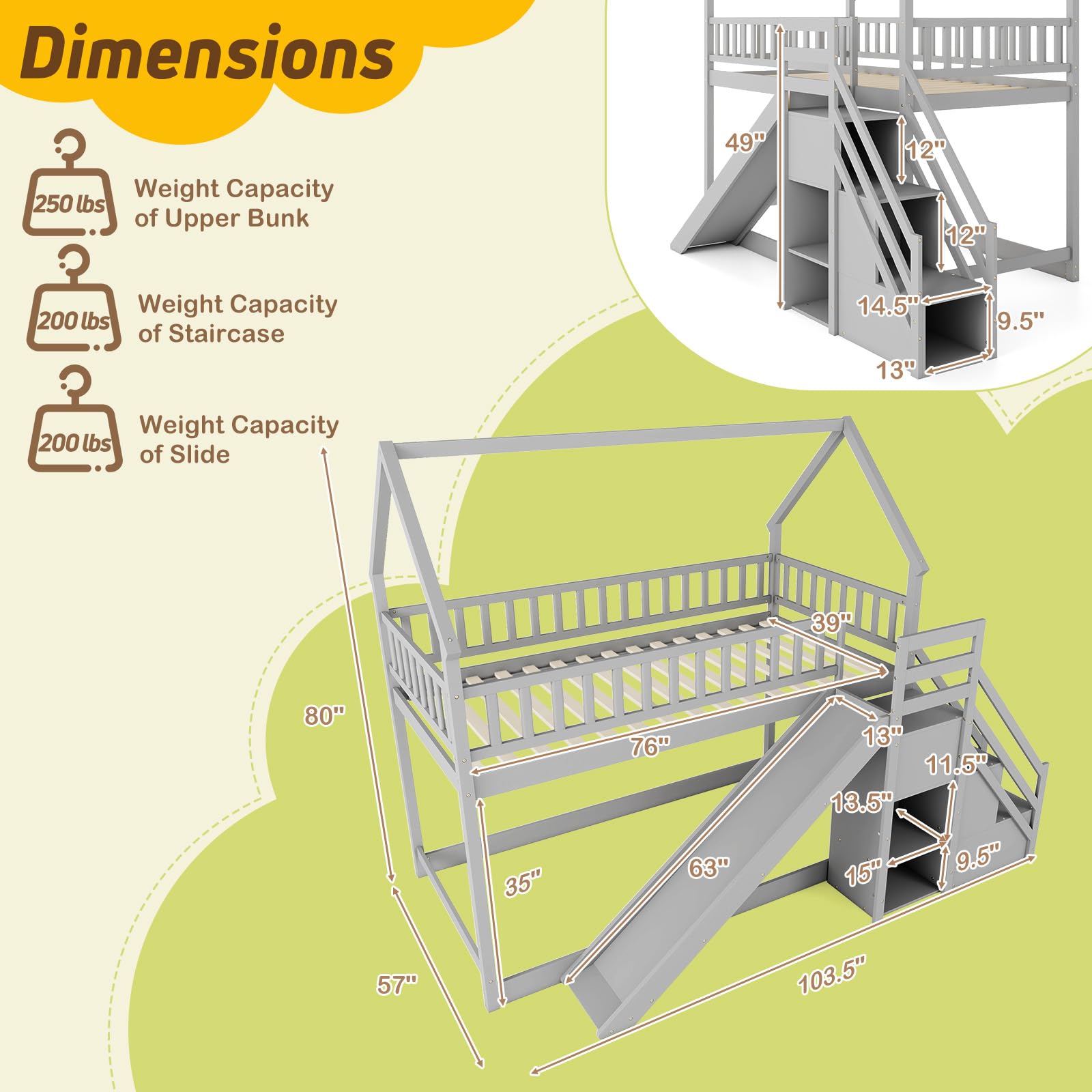 KOMFOTT Twin Over Twin  Wood House Bunk Bed with Slide & Stairs, Storage Shelves