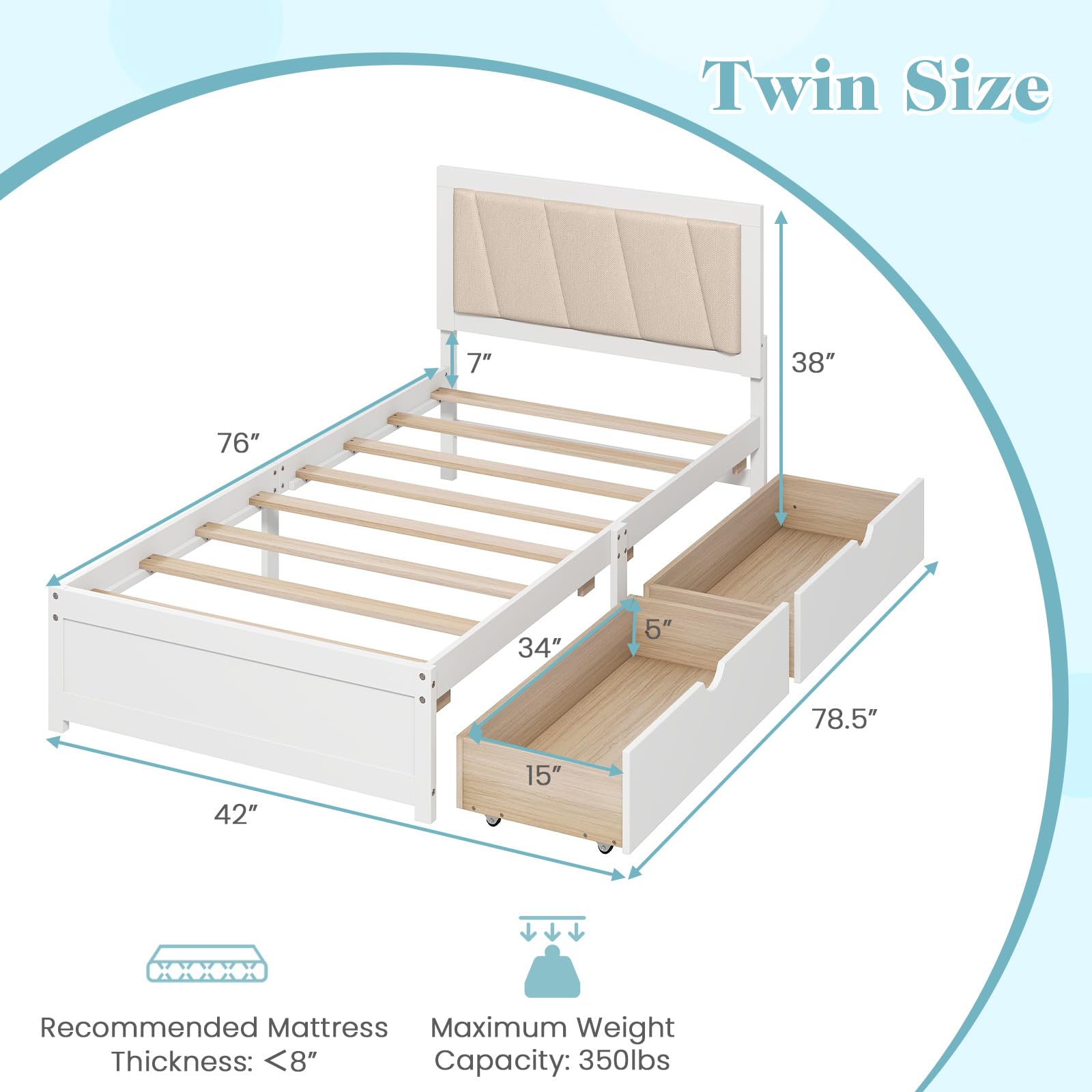 KOMFOTT Twin Bed Frame with 2 Storage Drawers(Twin)