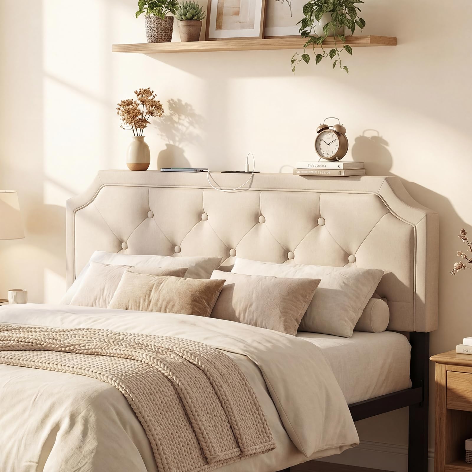 KOMFOTT Upholstered Headboard with Charging Station for Full & Queen Size Bed Frame