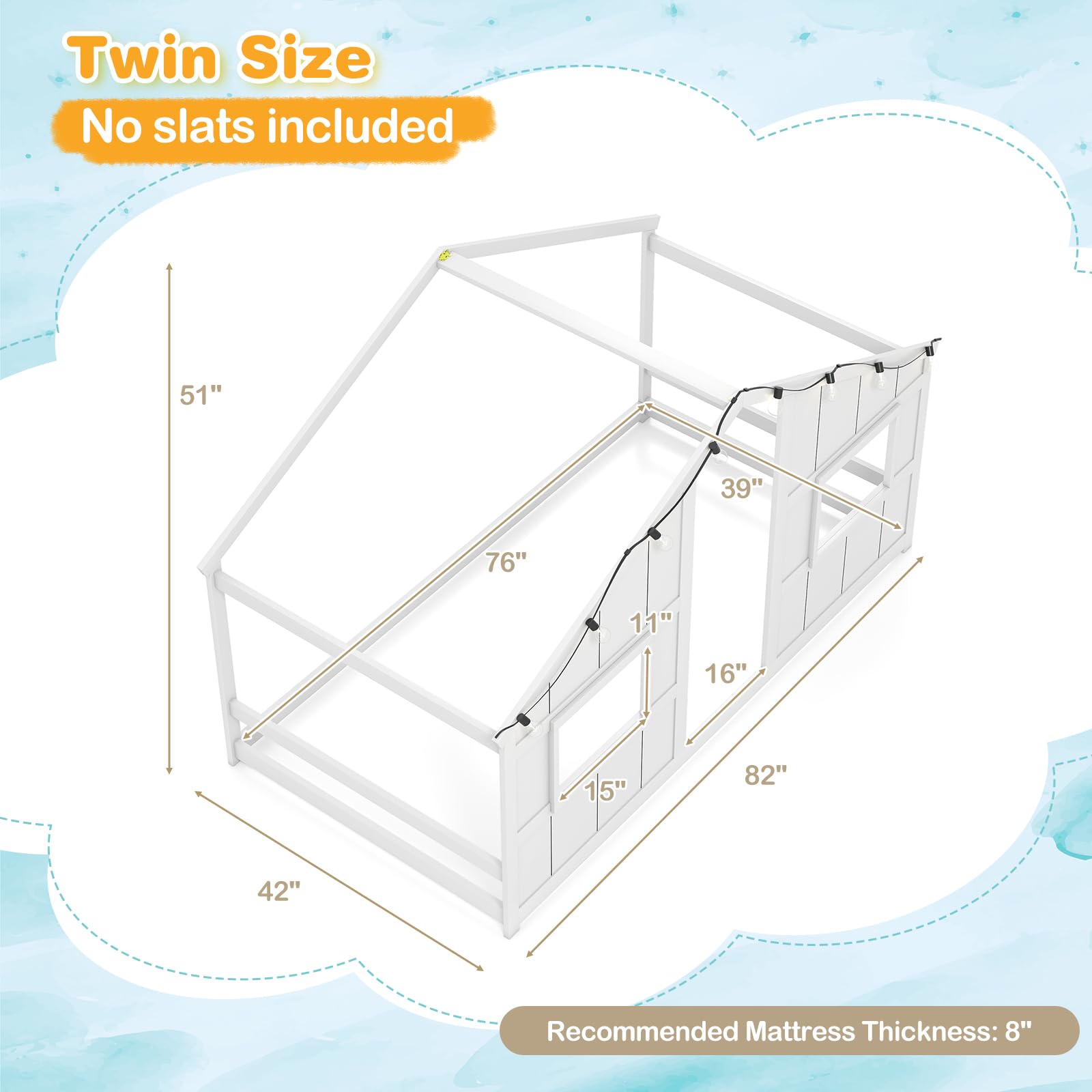 KOMFOTT Twin Floor House Bed with LED Lights