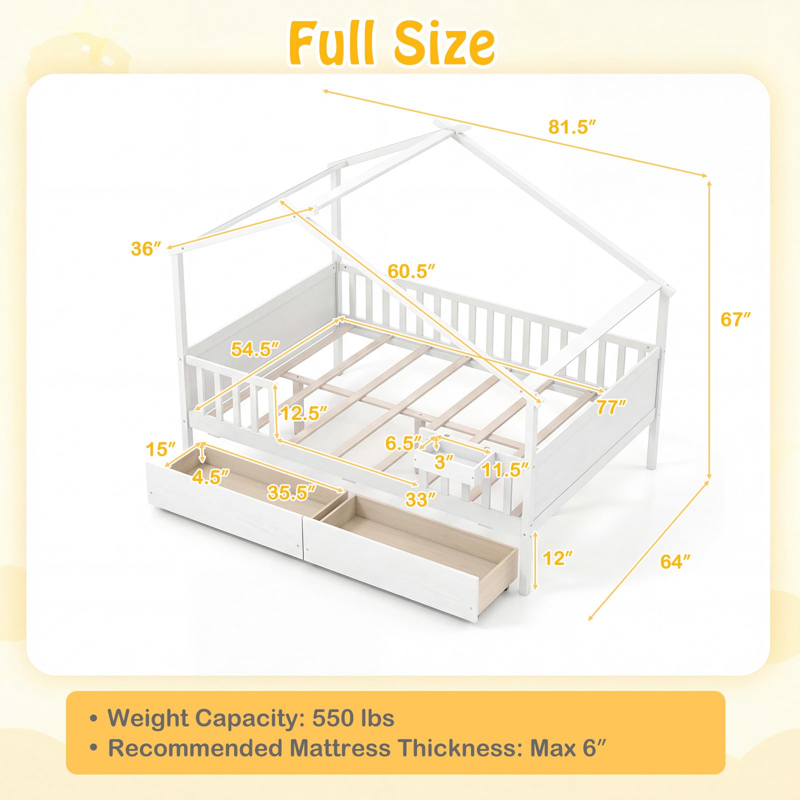 KOMFOTT Full Size House Bed for Kids with 2 Rolling Drawers & Roof & Fence Rails