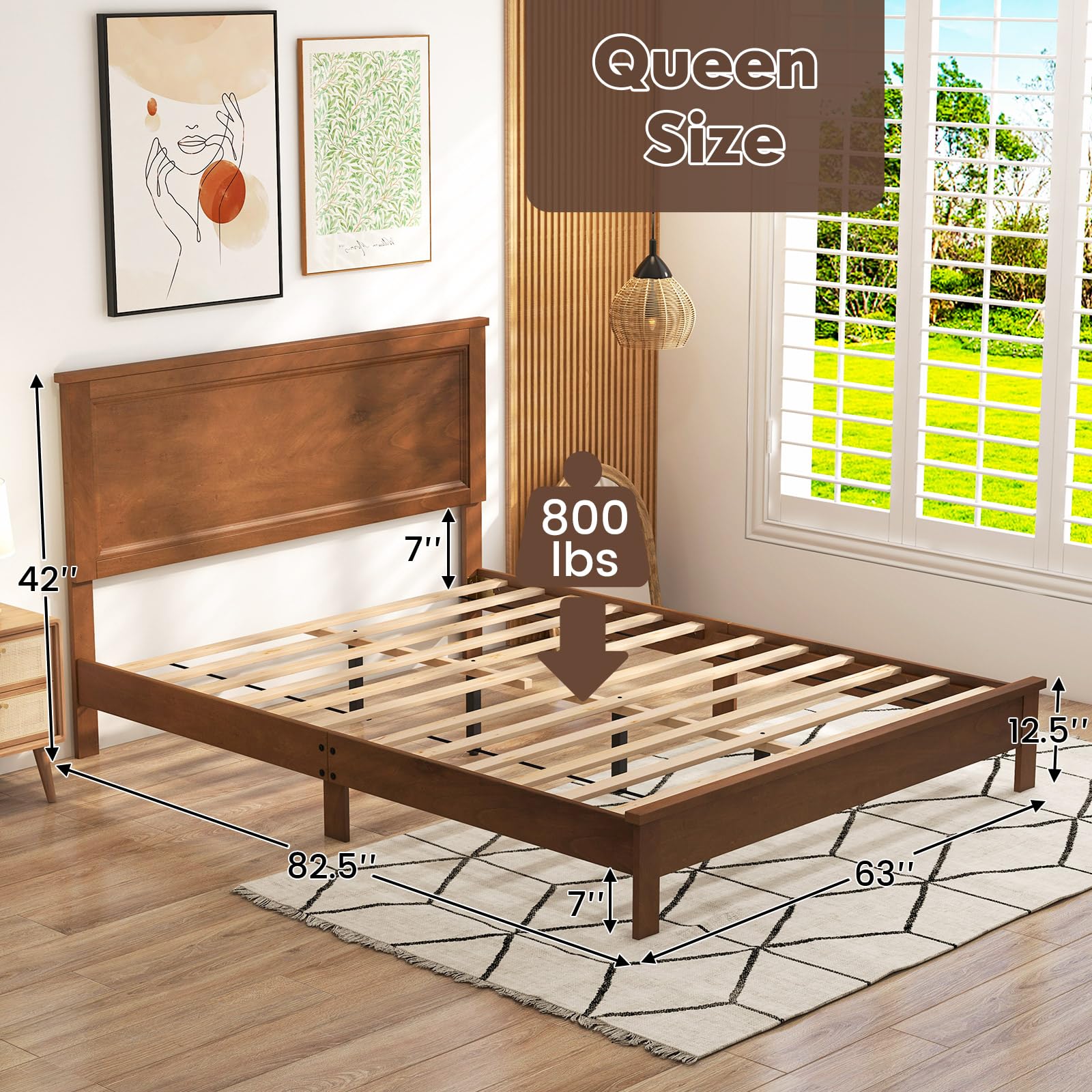 KOMFOTT Mid-Century Modern Platform Bed with Headboard, Solid Wood Legs