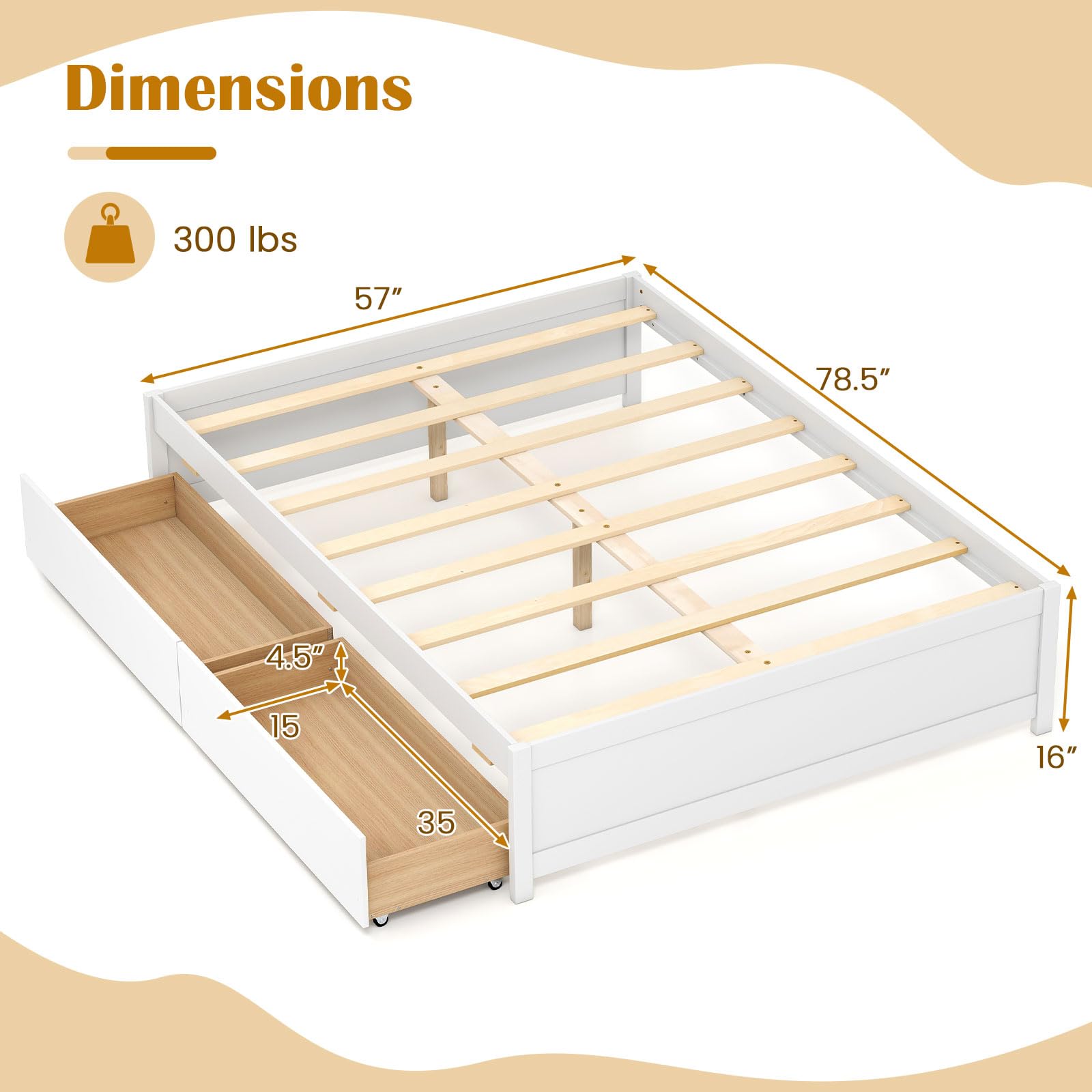 KOMFOTT Bed Frame with 2 Storage Drawers, Solid Wood Platform Bed with Slats Support