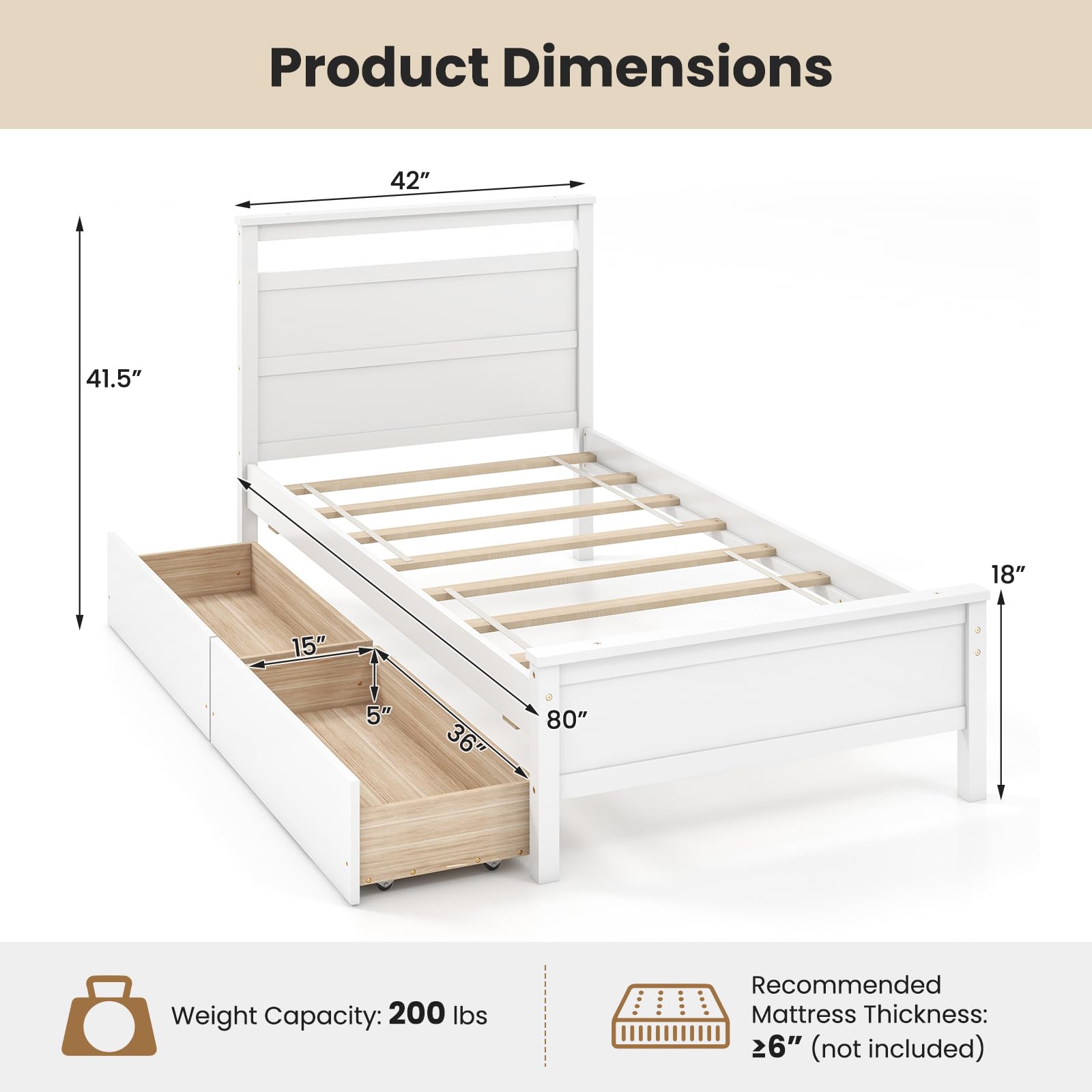 KOMFOTT Twin Bed Frame with 2 Storage Drawers