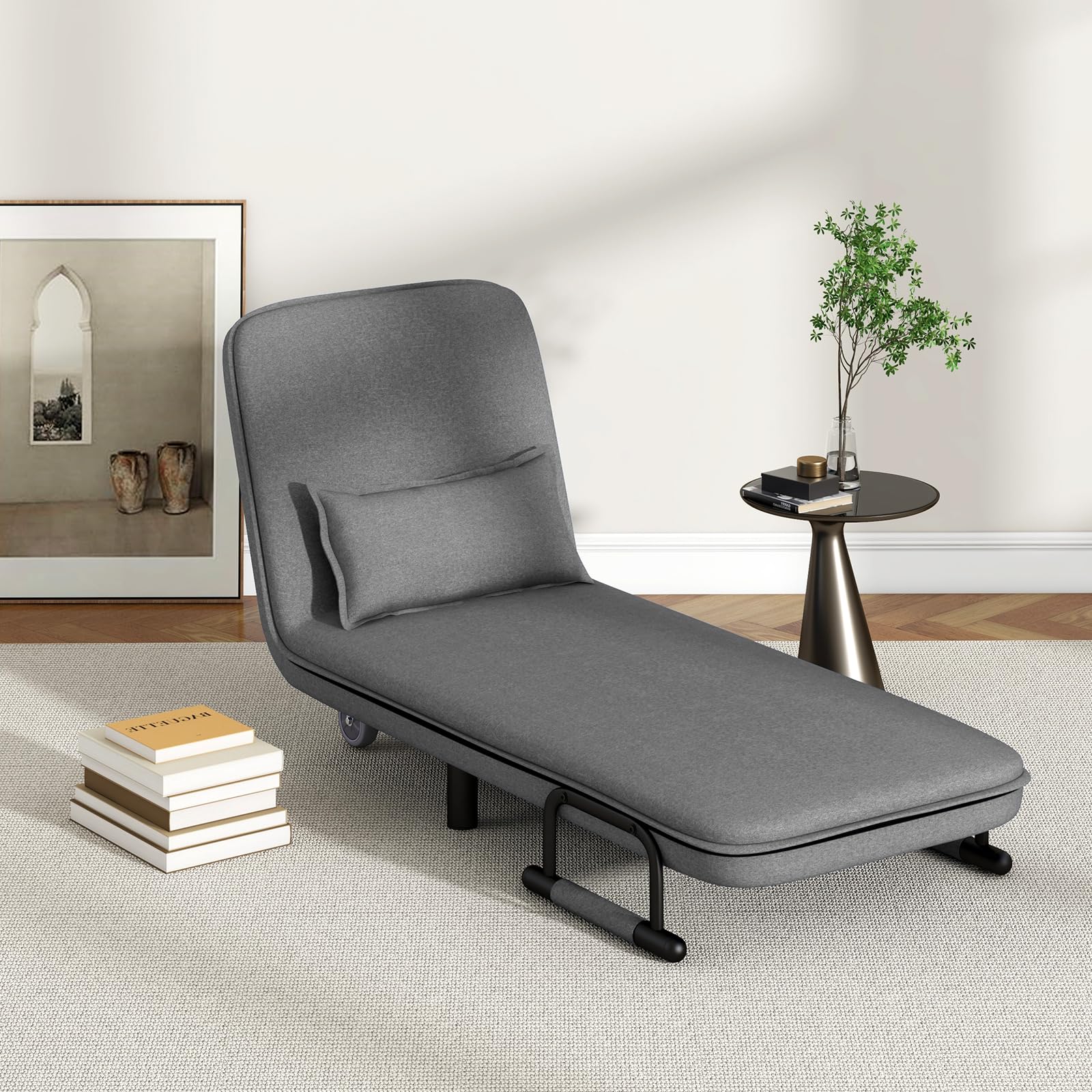 KOMFOTT Convertible Chair Bed with 5-Position Adjustable Backrest & Lumbar Pillow, 2 Hidden Metal Legs & 2 Lockable Casters