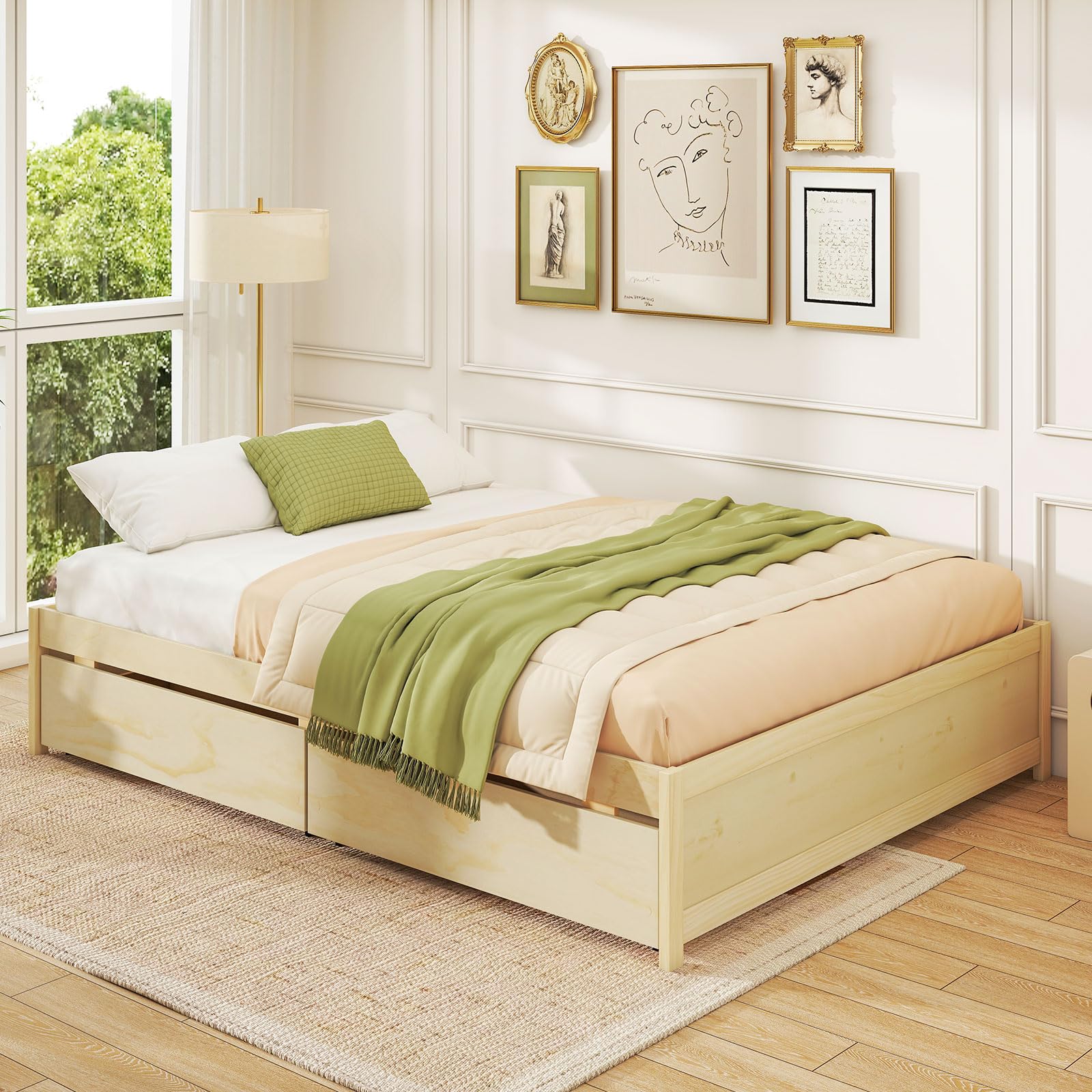 KOMFOTT Bed Frame with 2 Storage Drawers, Solid Wood Platform Bed with Slats Support