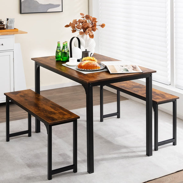 Dining Table Set for 4, Industrial Kitchen Table Set w/ 2 Benches