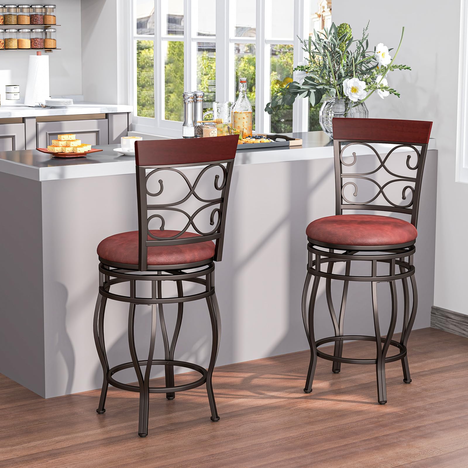 KOMFOTT Swivel Bar Stools Set of 2/4, Counter Height Bar Stools with Back, Upholstered PU Leather Seat, Footrest
