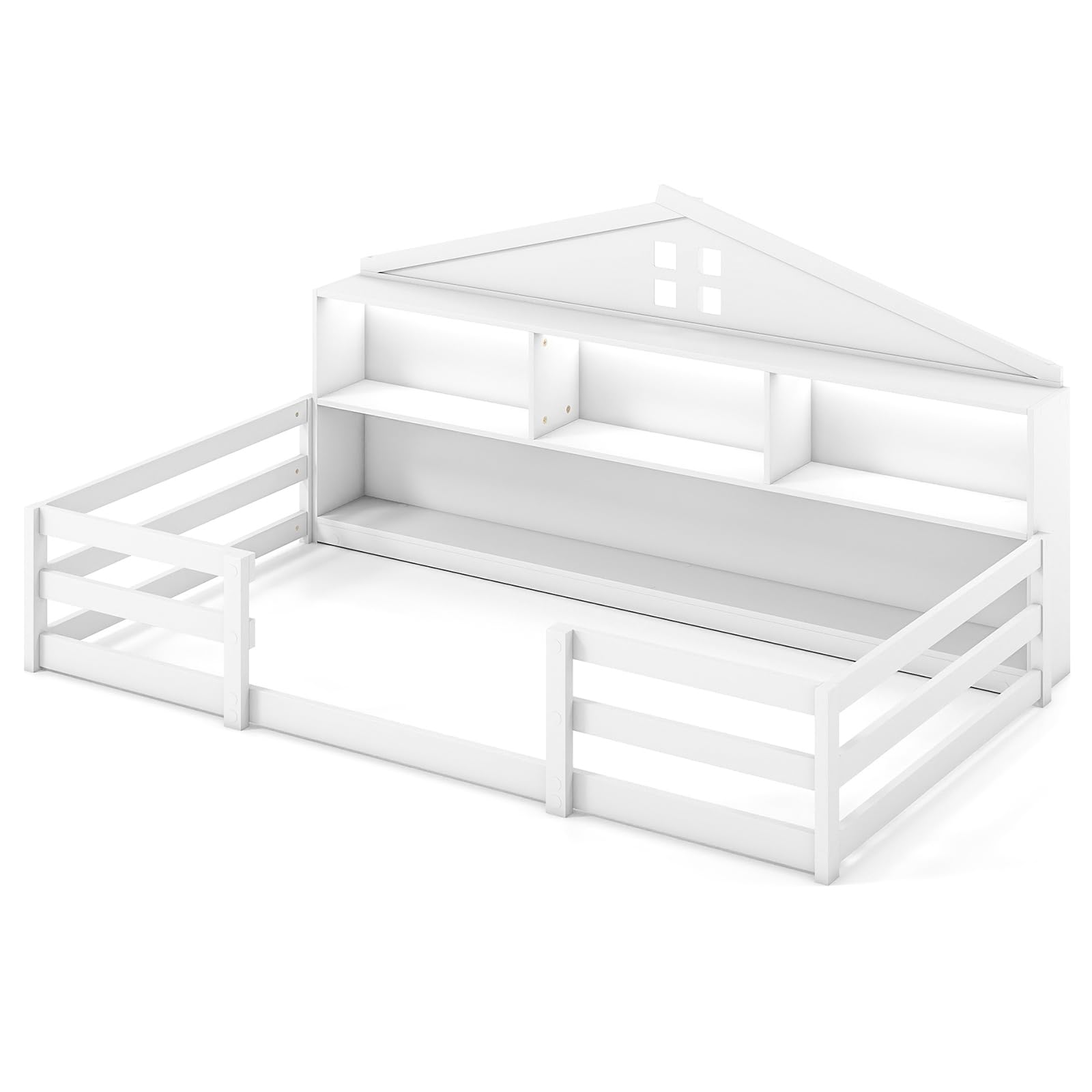 KOMFOTT Twin/Full Floor Bed with Bookcase & LED Light & Fence