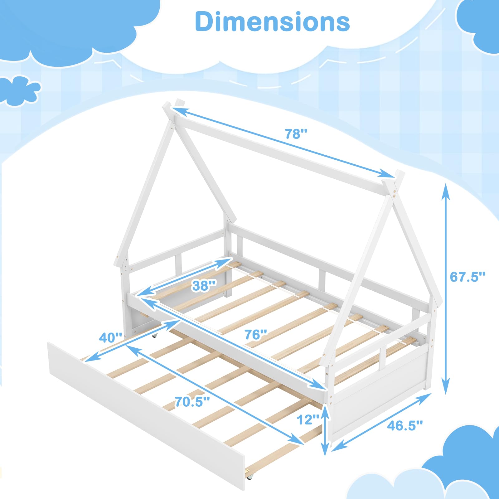 KOMFOTT Twin Size Wood House Bed with Trundle