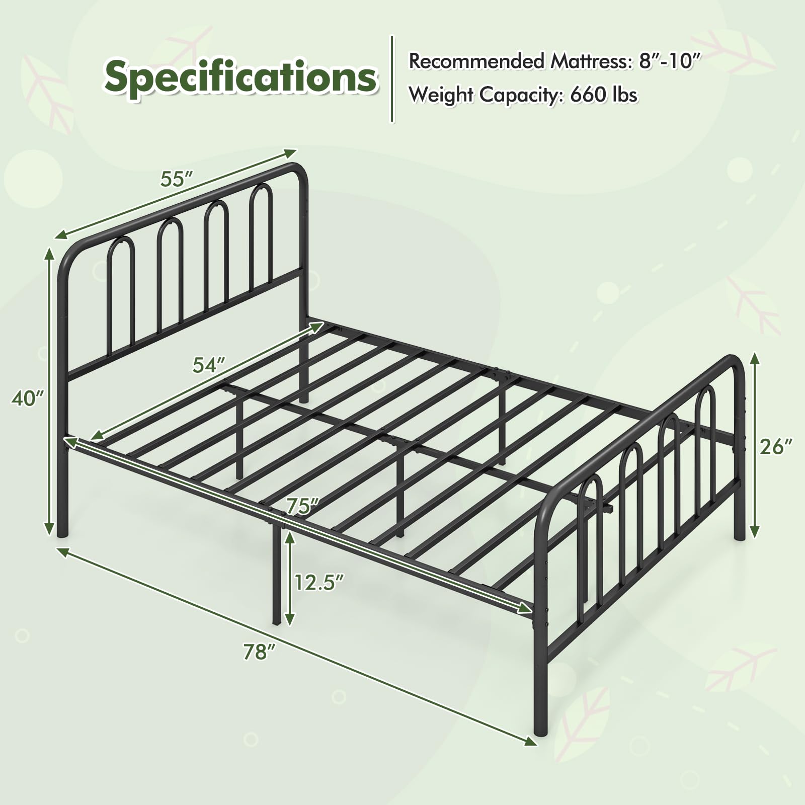 KOMFOTT Metal Platform Bed Frame with Headboard & Footboard