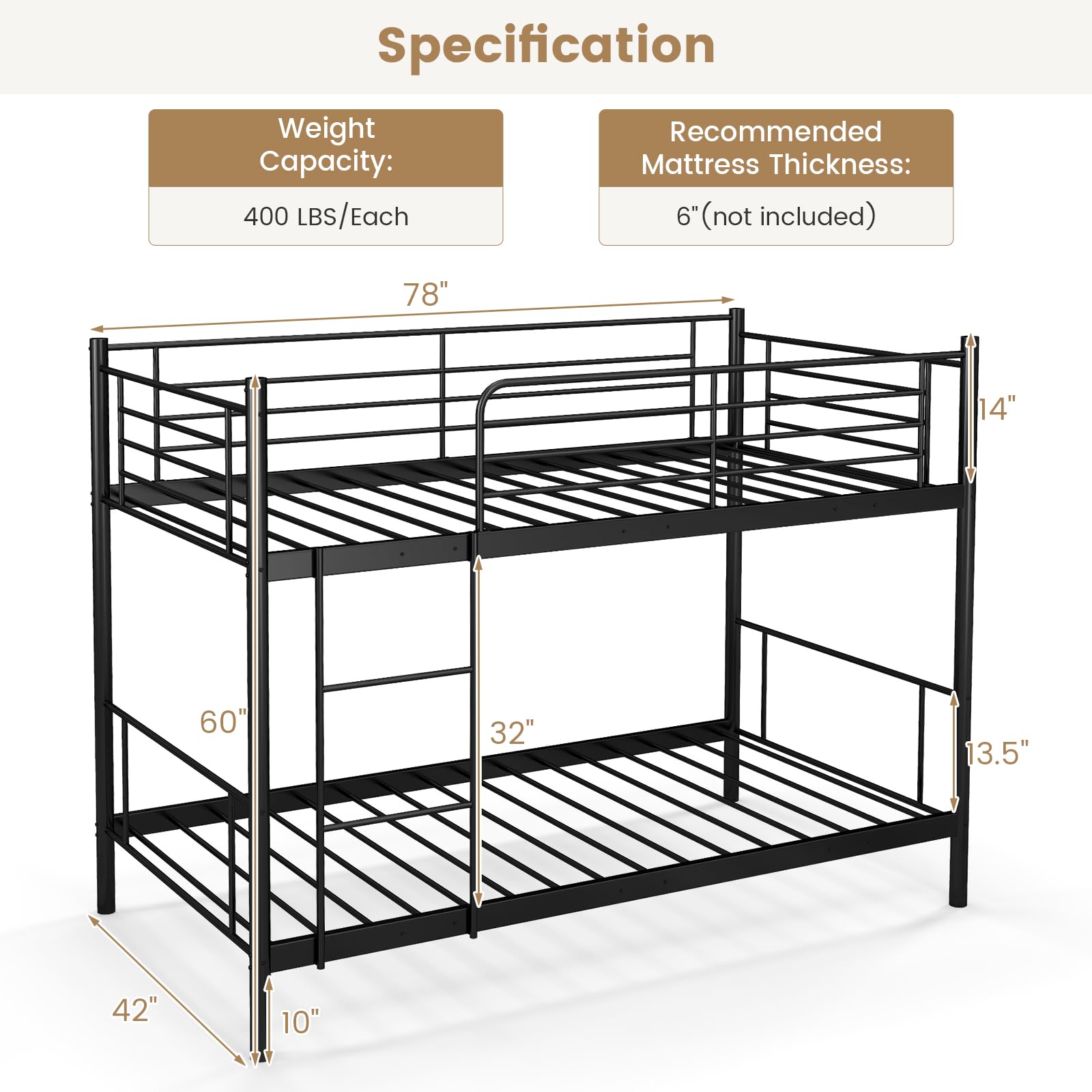 KOMFOTT Metal Twin Over Twin Bunk Bed Heavy-Duty Metal Bunk Bed Fame