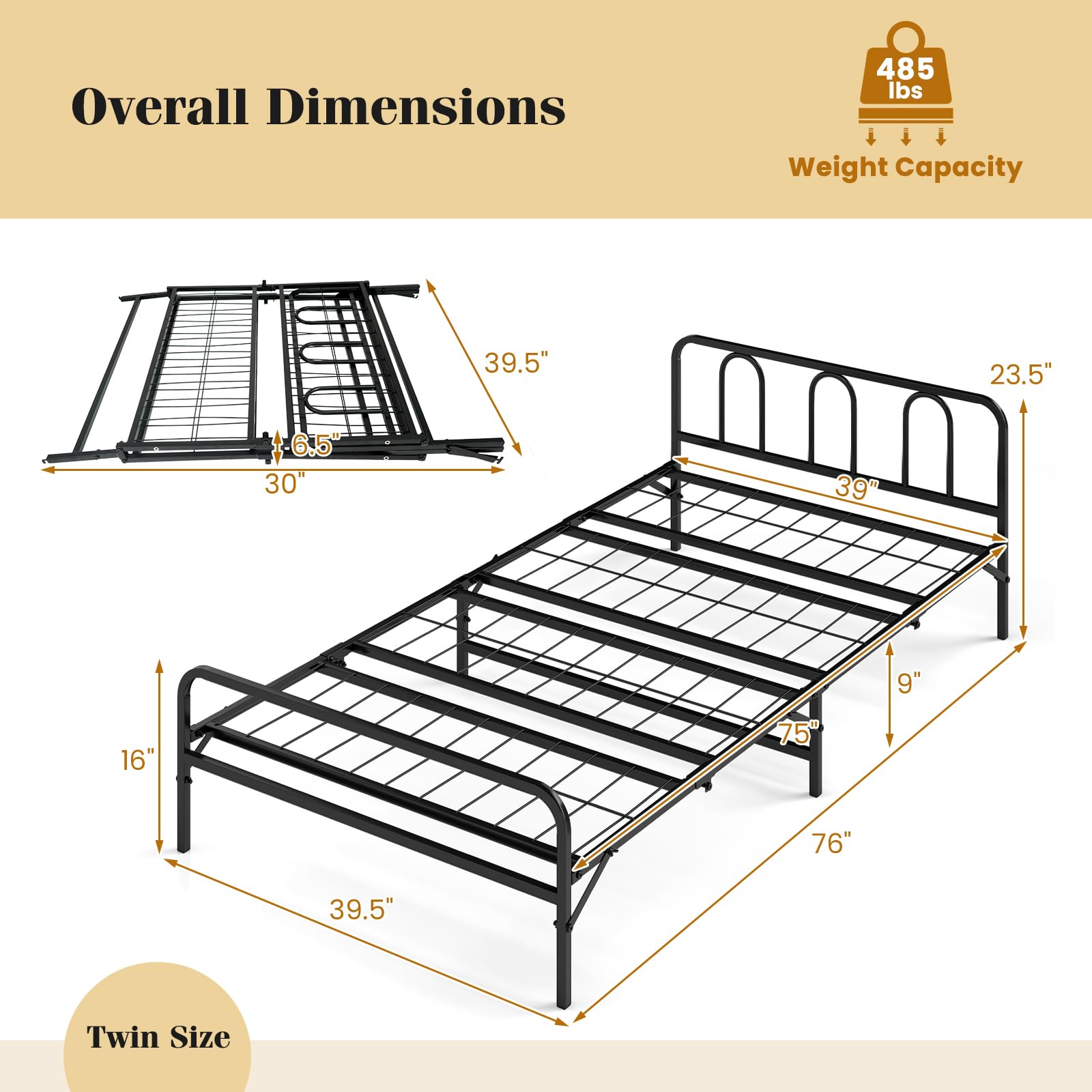 KOMFOTT Twin Foldable Bed Frame, Heavy Duty Metal Platform Bed
