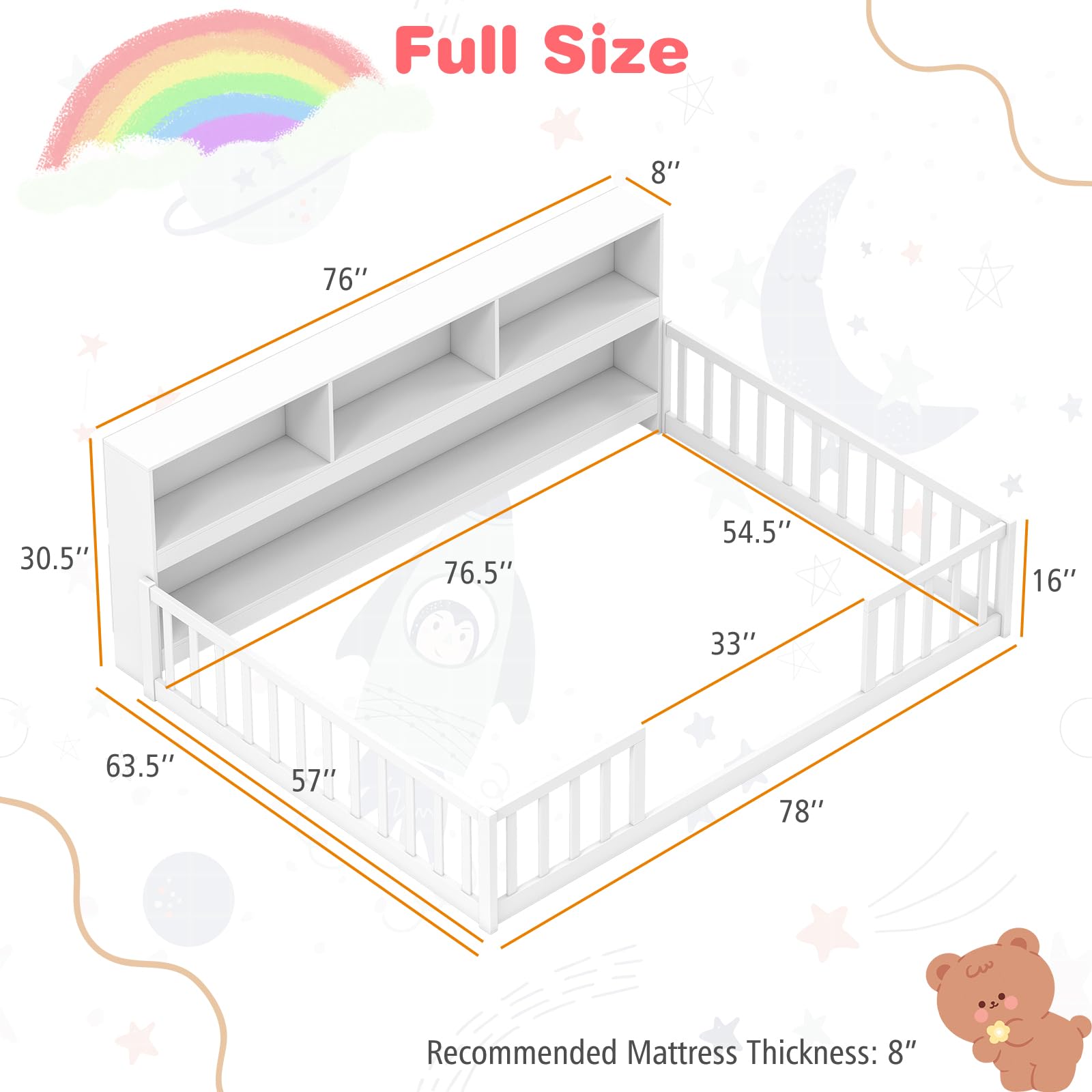KOMFOTT Twin/Full Size Floor Bed with Bookcase & Shelves & Safety Guardrails