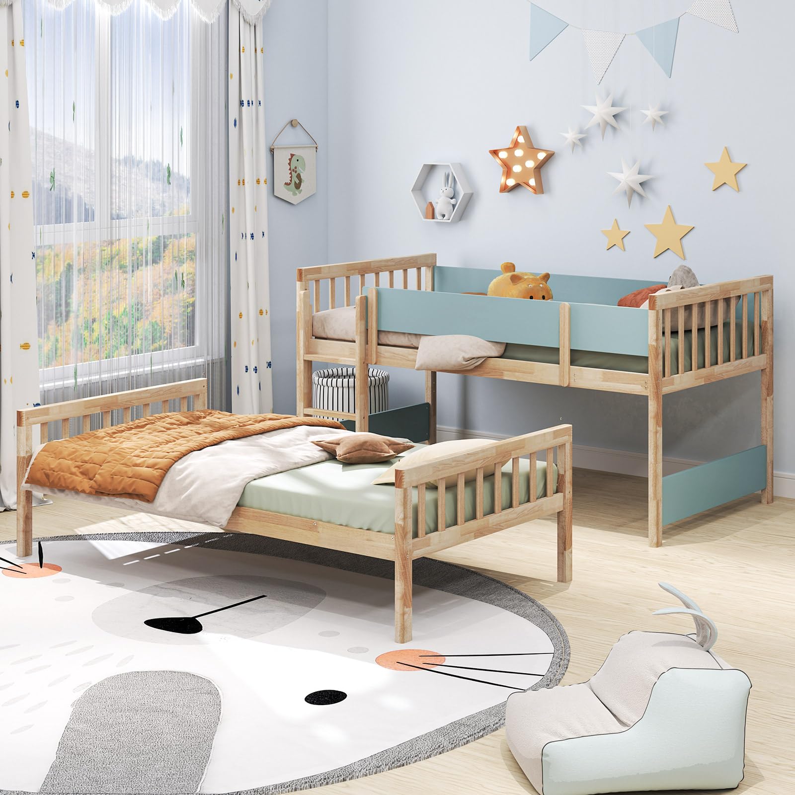 KOMFOTT Convertible Wood Twin Over Twin Bunk Bed