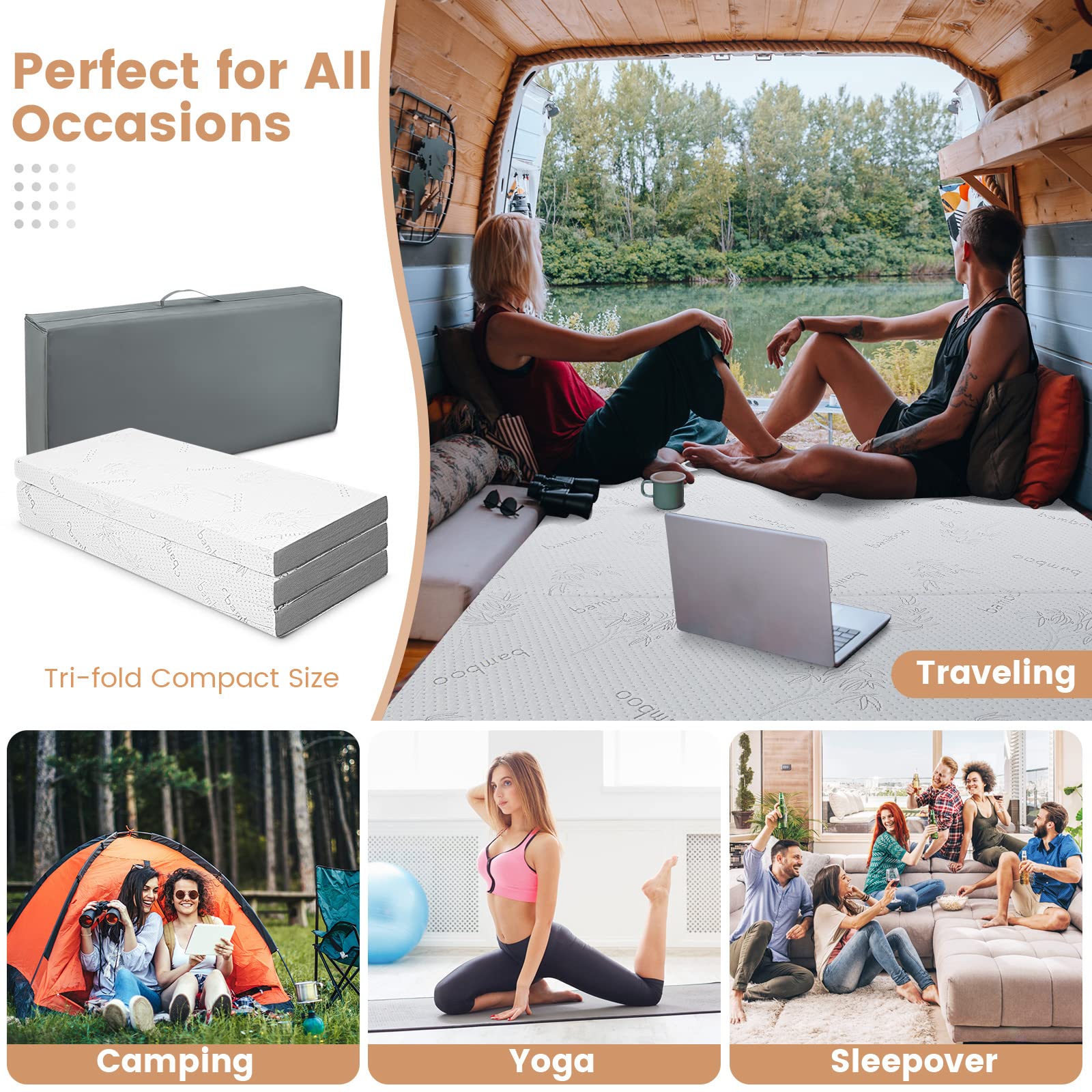 KOMFOTT 4" Tri-Folding Mattress with Storage Bag, Cool Gel Memory Foam Mattress with Removable Bamboo Cover