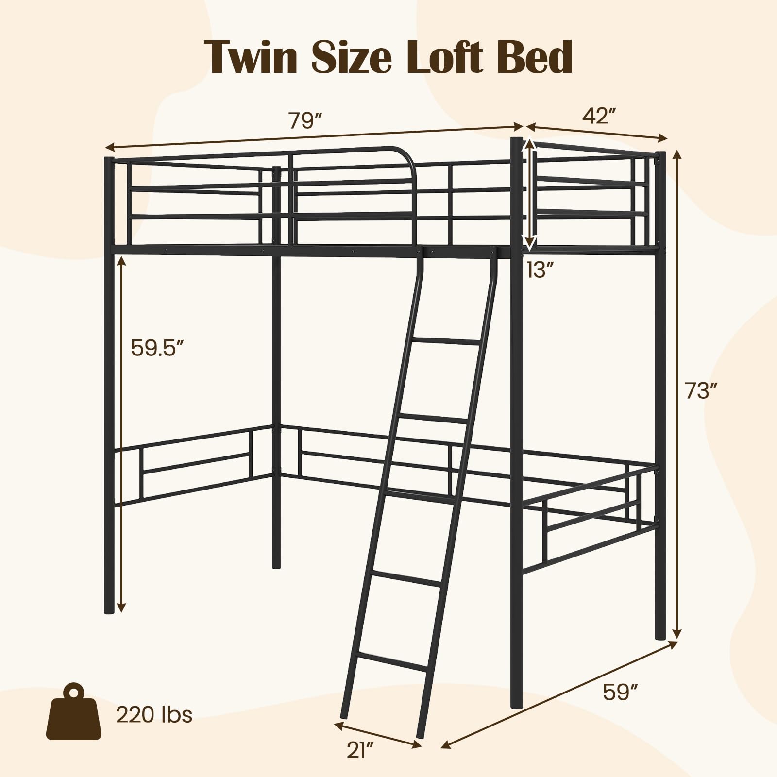 KOMFOTT Twin Size Loft Bed, Metal Loft Bed Frame with Ladder & Safety Guardrail
