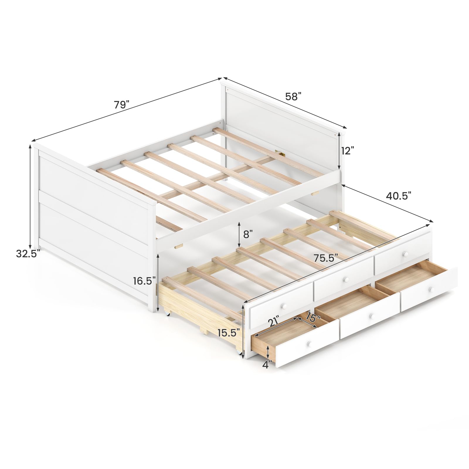 KOMFOTT Wood Full Trundle Bed with 3 Storage Drawers