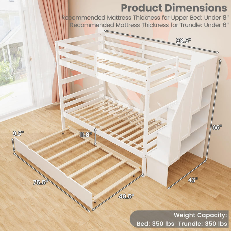 KOMFOTT Wood Twin Over Twin Bunk Bed with Trundle & Storage Stairs