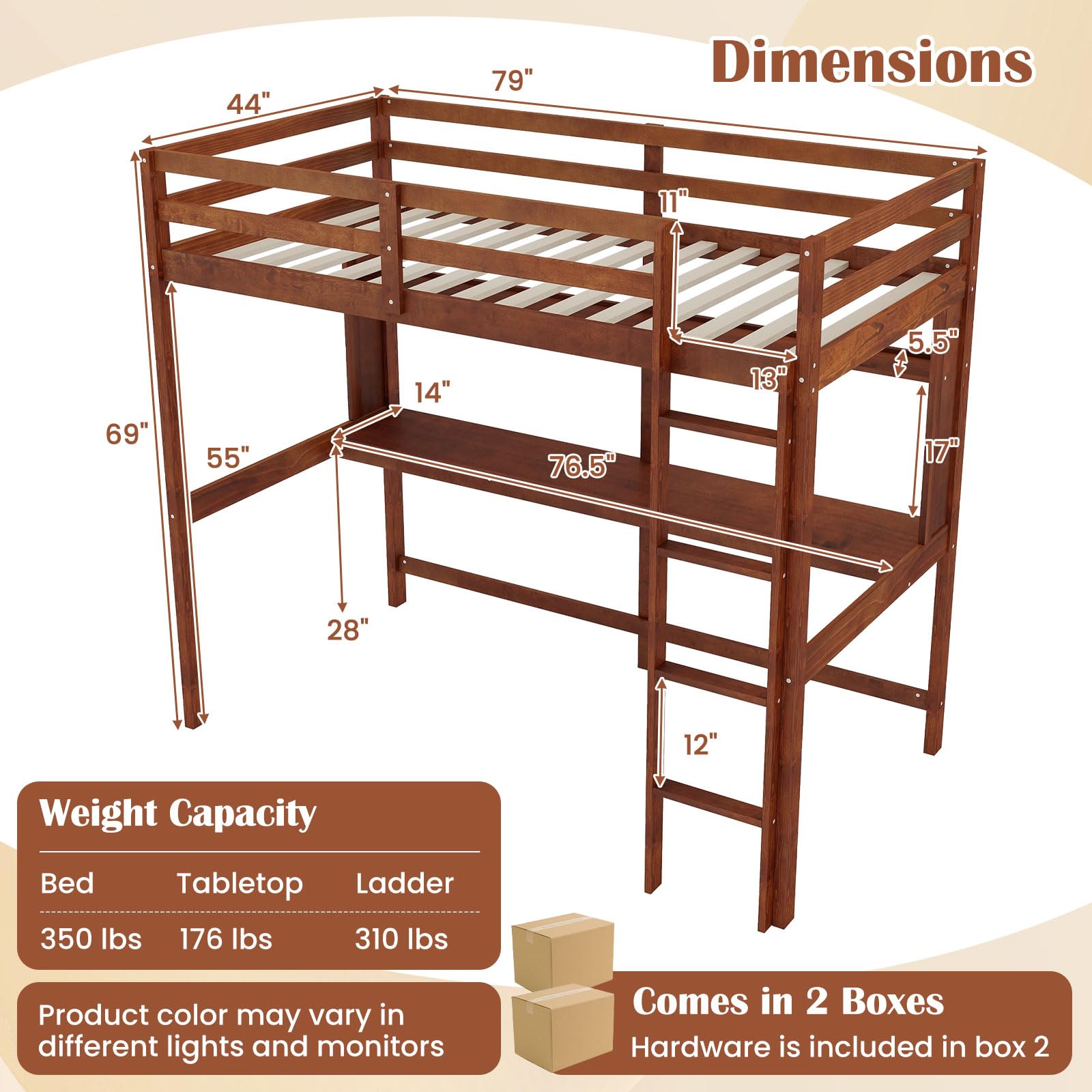 KOMFOTT Twin Loft Bed with Desk Wood Loft Beds for Kids