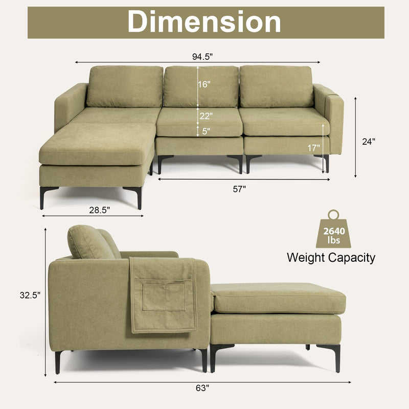 KOMFOTT Convertible Sectional Sofa Couch, 3-Seat L Shaped Couch with Reversible Ottoman, Built-in Socket & USB Ports
