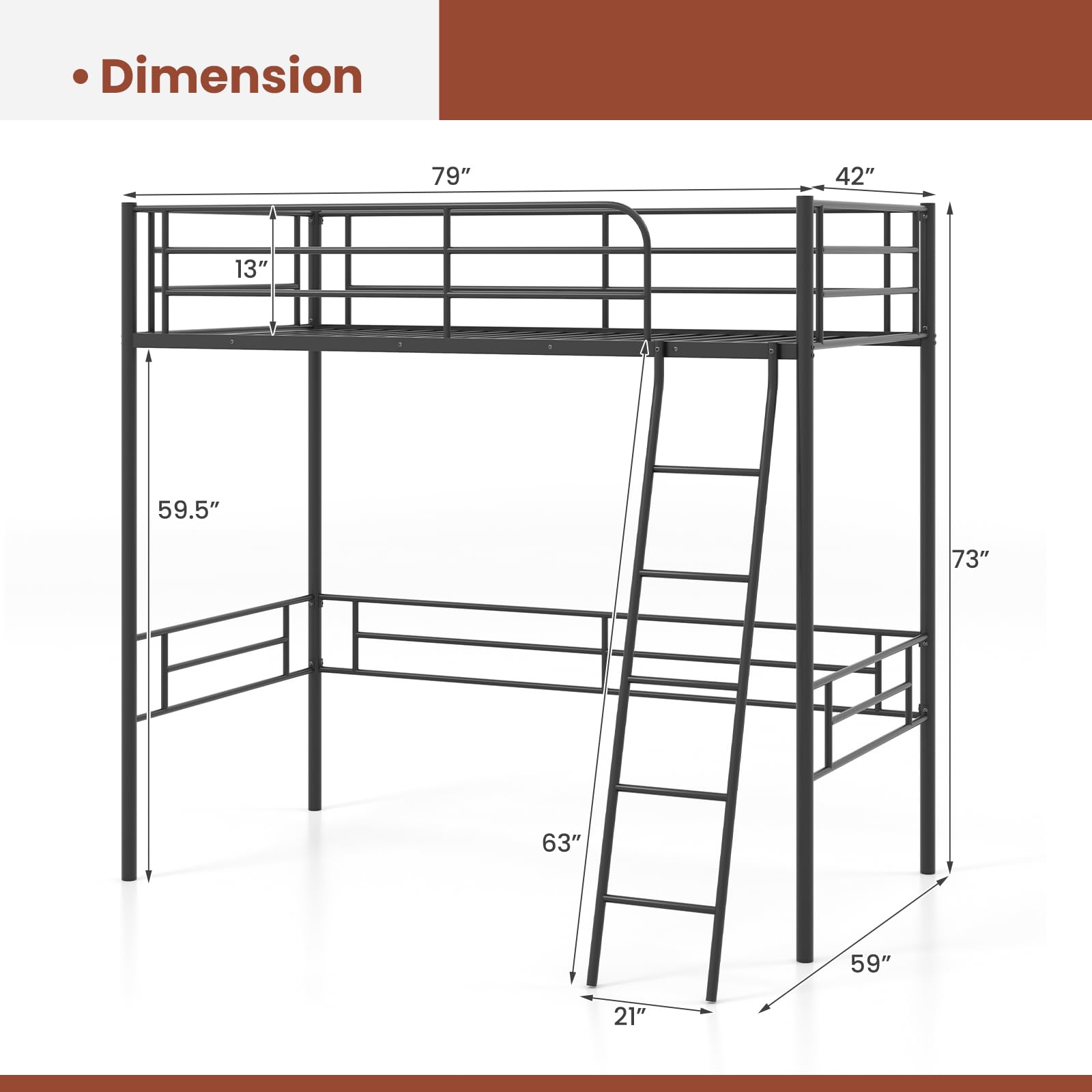 KOMFOTT Twin Metal Loft Bed Frame with Ladder