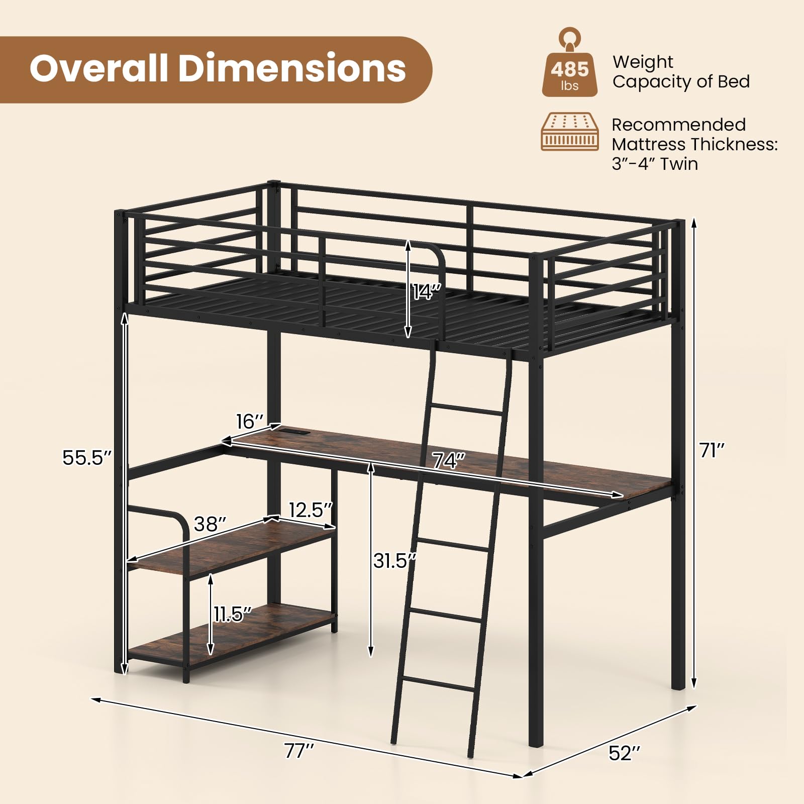 KOMFOTT Twin Loft Bed with Desk & Shelves Heavy Duty Metal Bed Frame