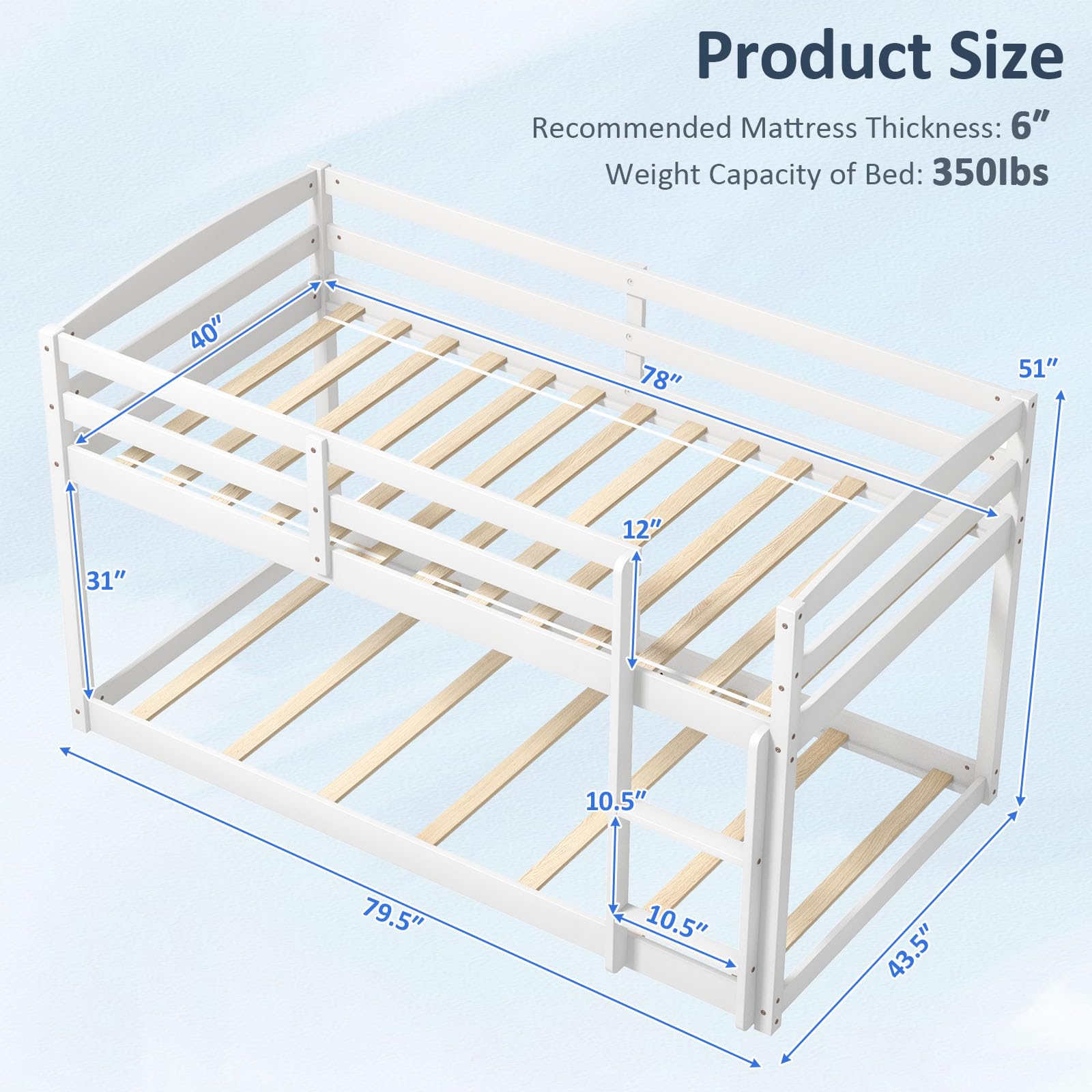 KOMFOTT Twin Over Twin Solid Wood Low Bunk Bed with Full Guardrails & Integrated Ladder