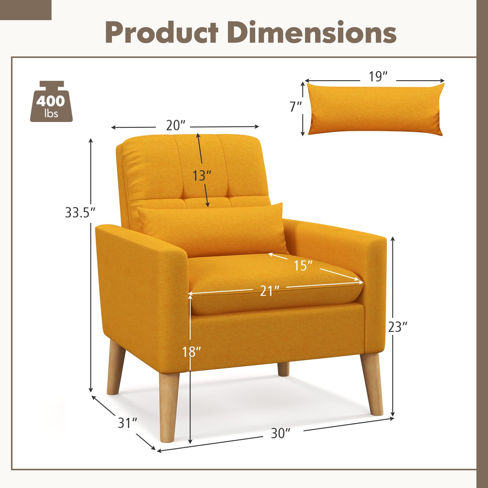KOMFOTT Modern Linen Accent Chair, Upholstered Tufted Armchair with Lumbar Pillow, Rubber Wood Legs, Padded Cushion