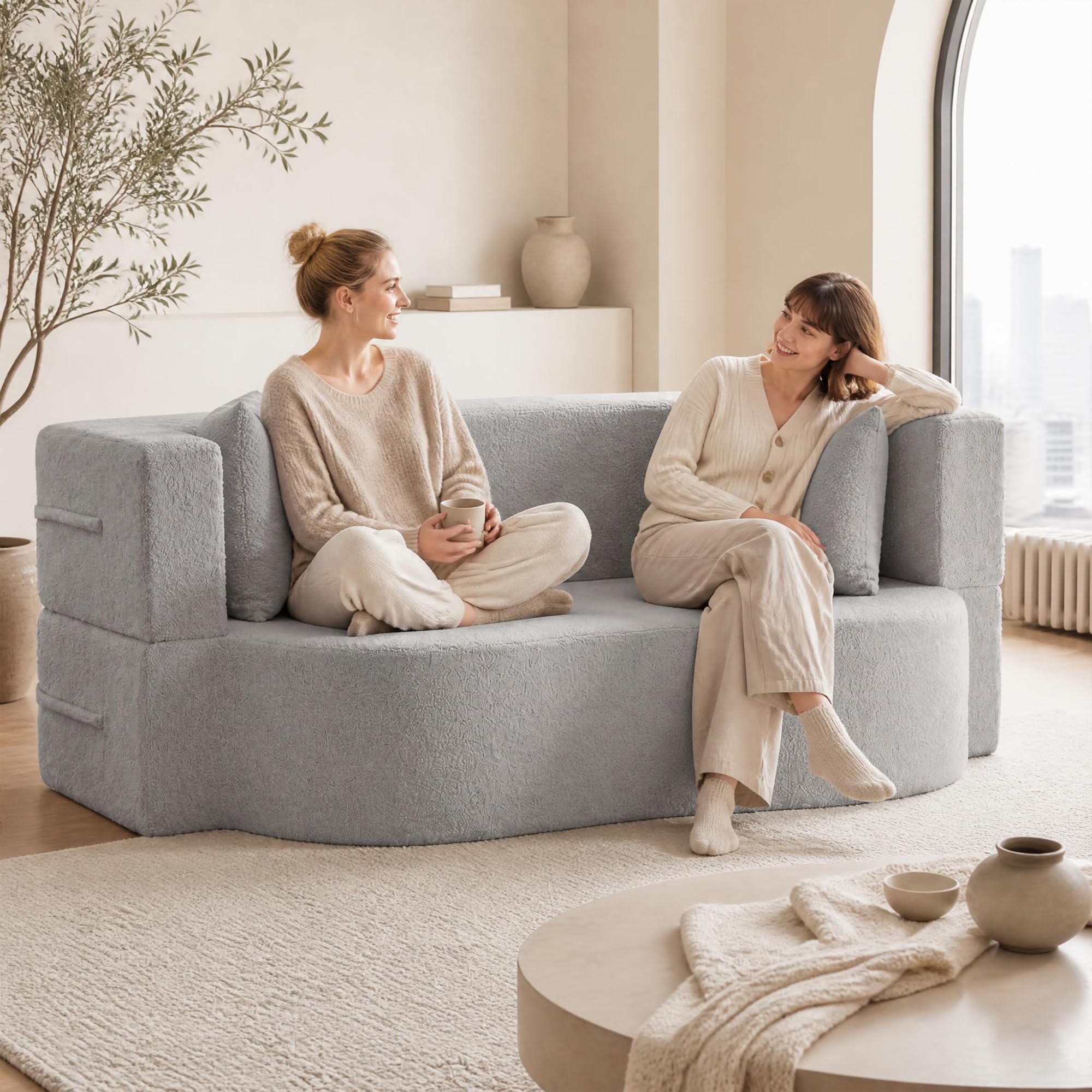 KOMFOTT 2-in-1 Folding Sofa Bed Convertible Loveseat Sofa in Teddy Fleece