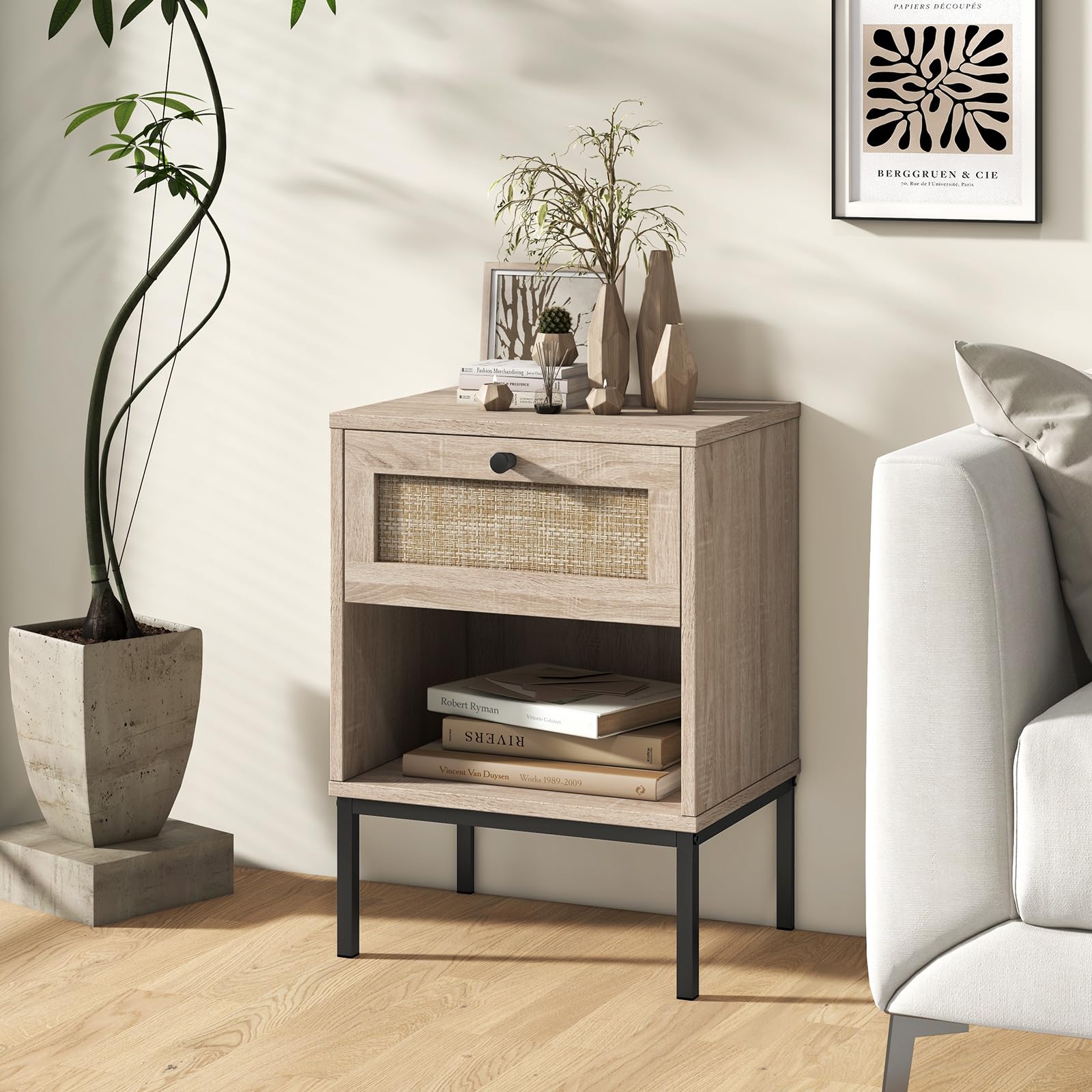 KOMFOTT Rattan Nightstand with Drawer & Open Storage Shelf