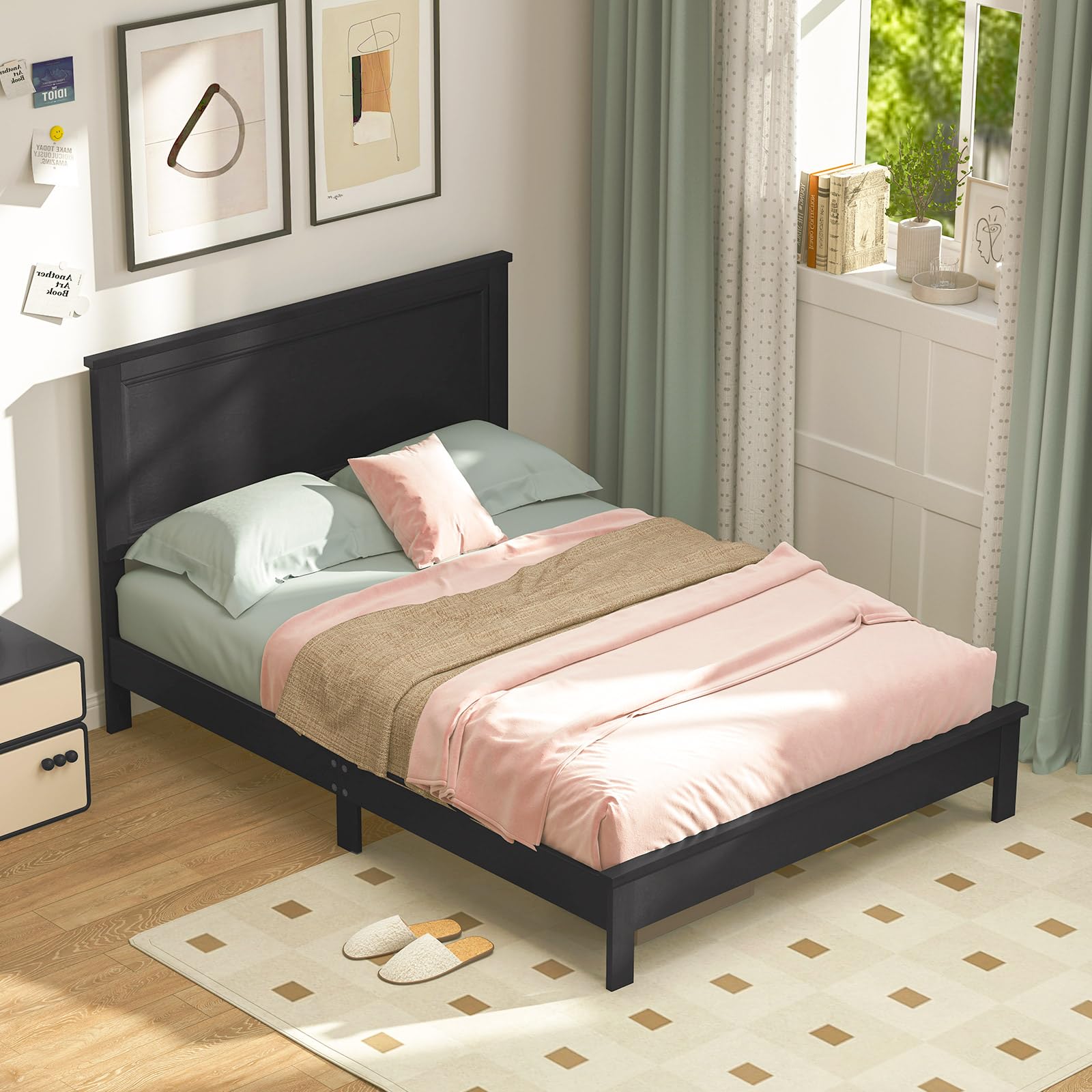 KOMFOTT Mid-Century Modern Platform Bed with Headboard, Solid Wood Legs